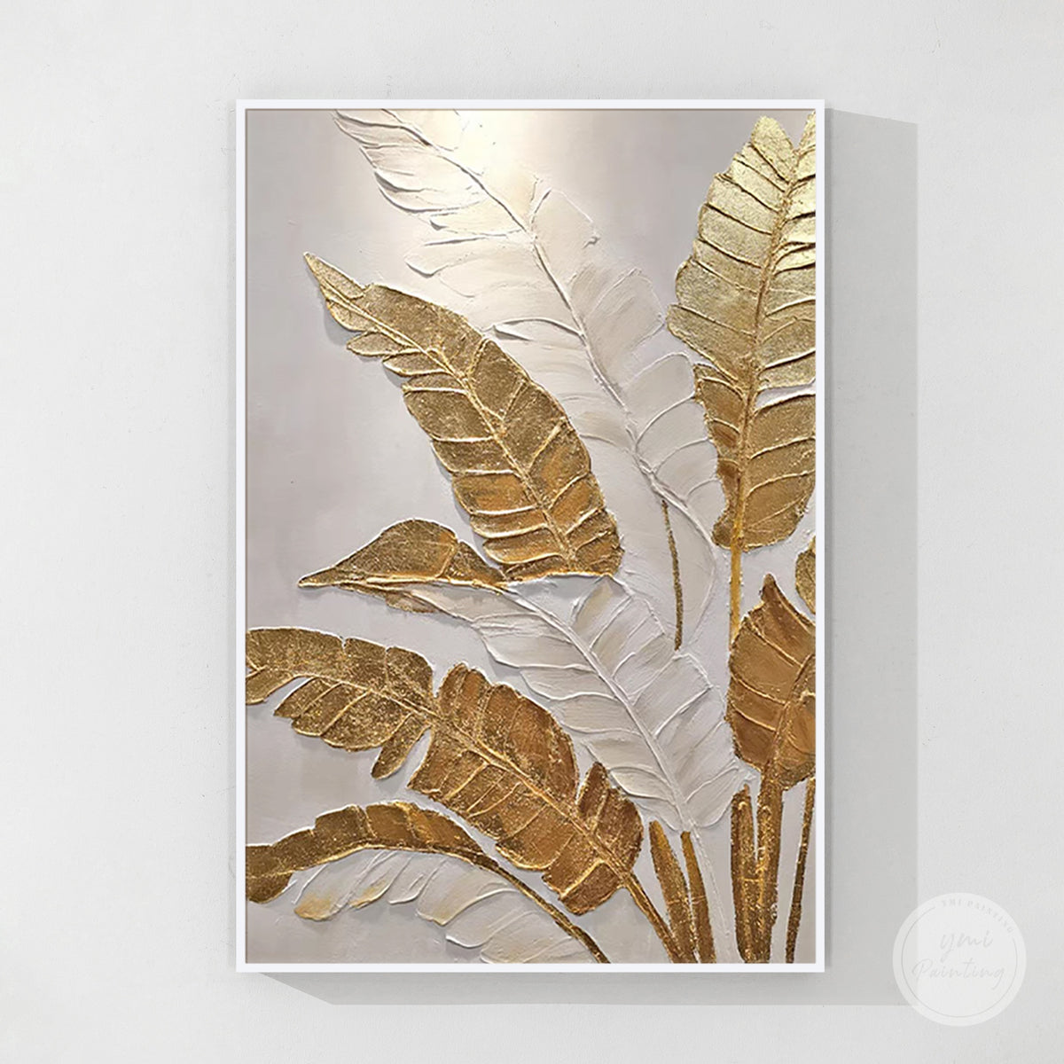 Gold and White Tropical Leaf Canvas Painting Modern Botanical Decor