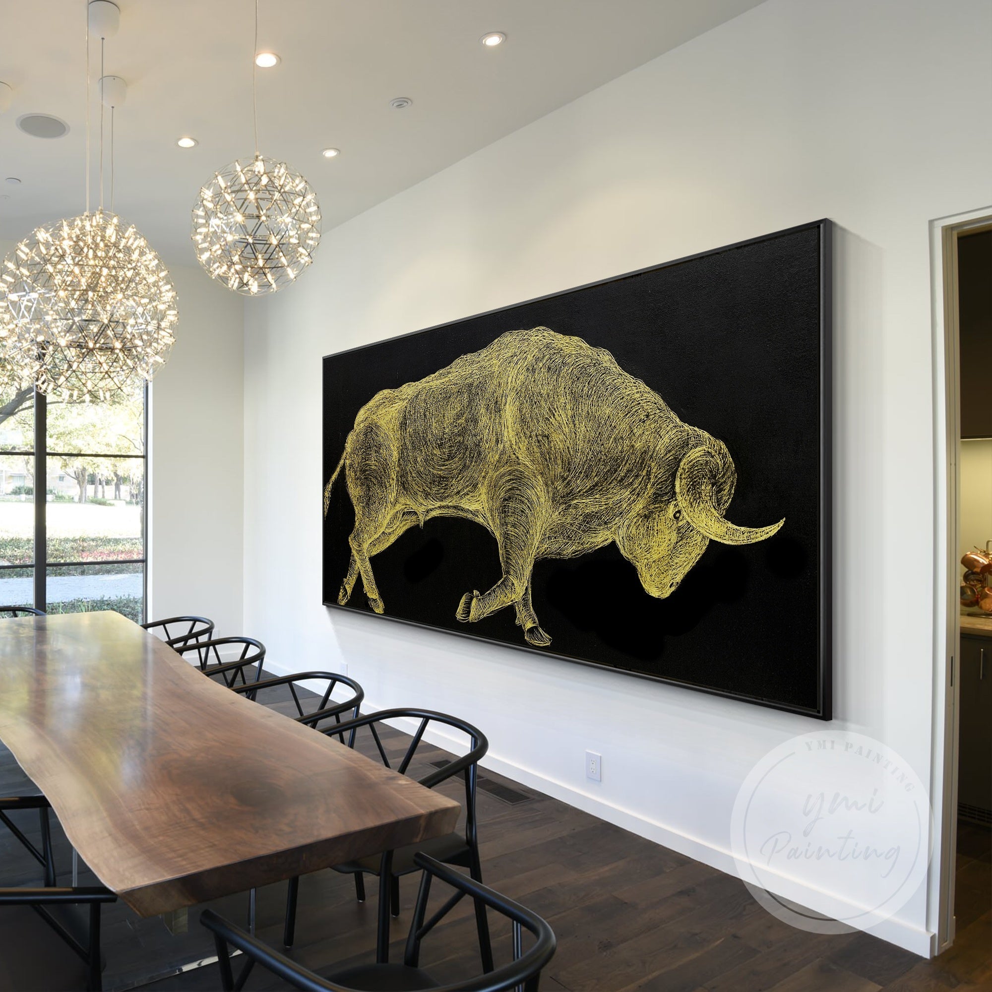 Gold bull with intricate details on black background for modern bedroom decor