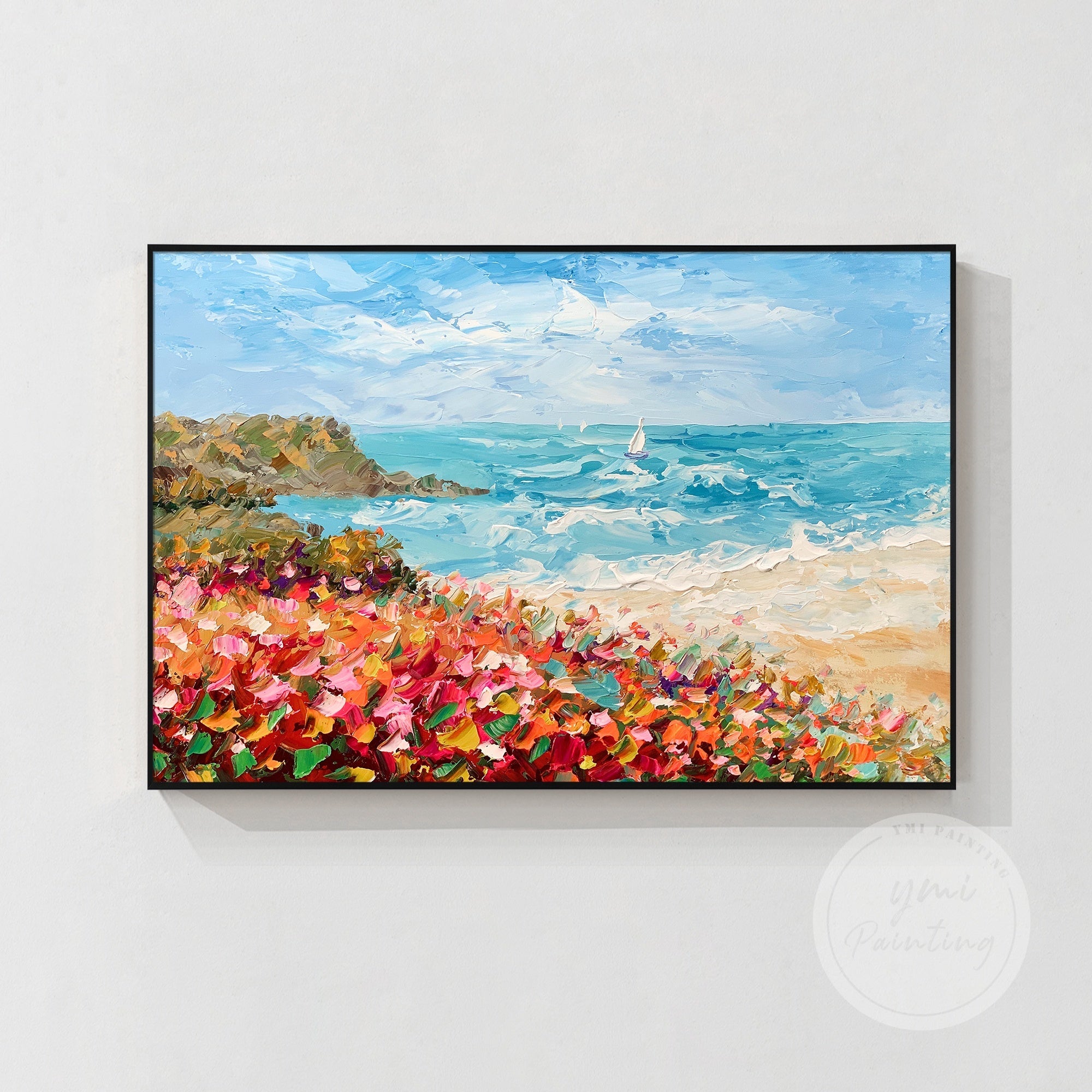 Golden glow seascape painting with sunlit flowers, waves, and a sailboat, evoking the warmth of a coastal summer day in a black frame.