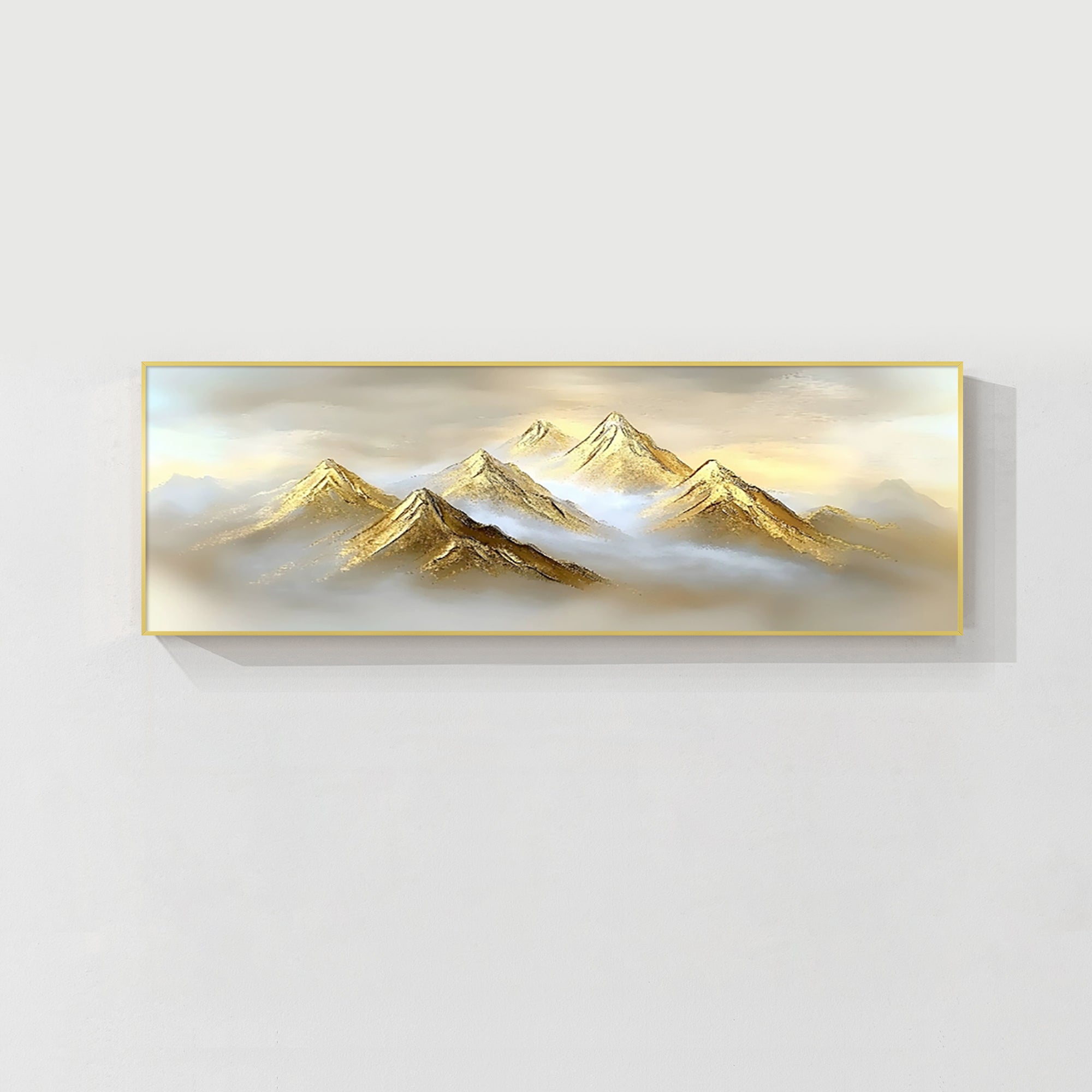 Golden mountain wall art with textured gold surface displayed in a modern living room, luxury gift for art lovers