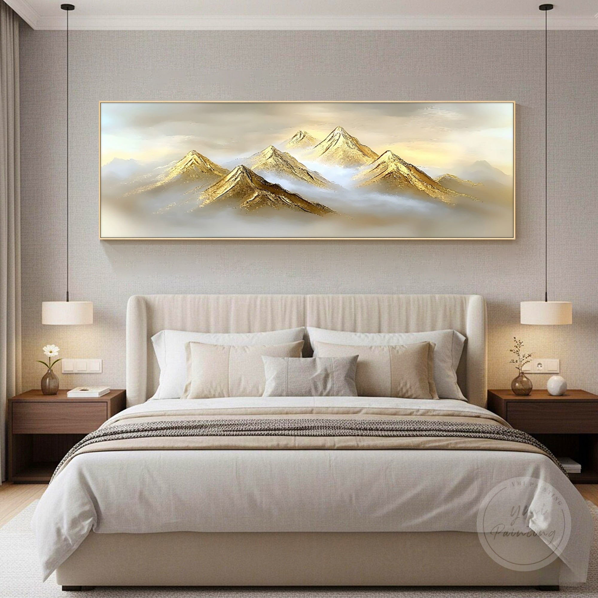 Golden mountain abstract artwork displayed in a boutique hotel interior, high-end gift for art collectors