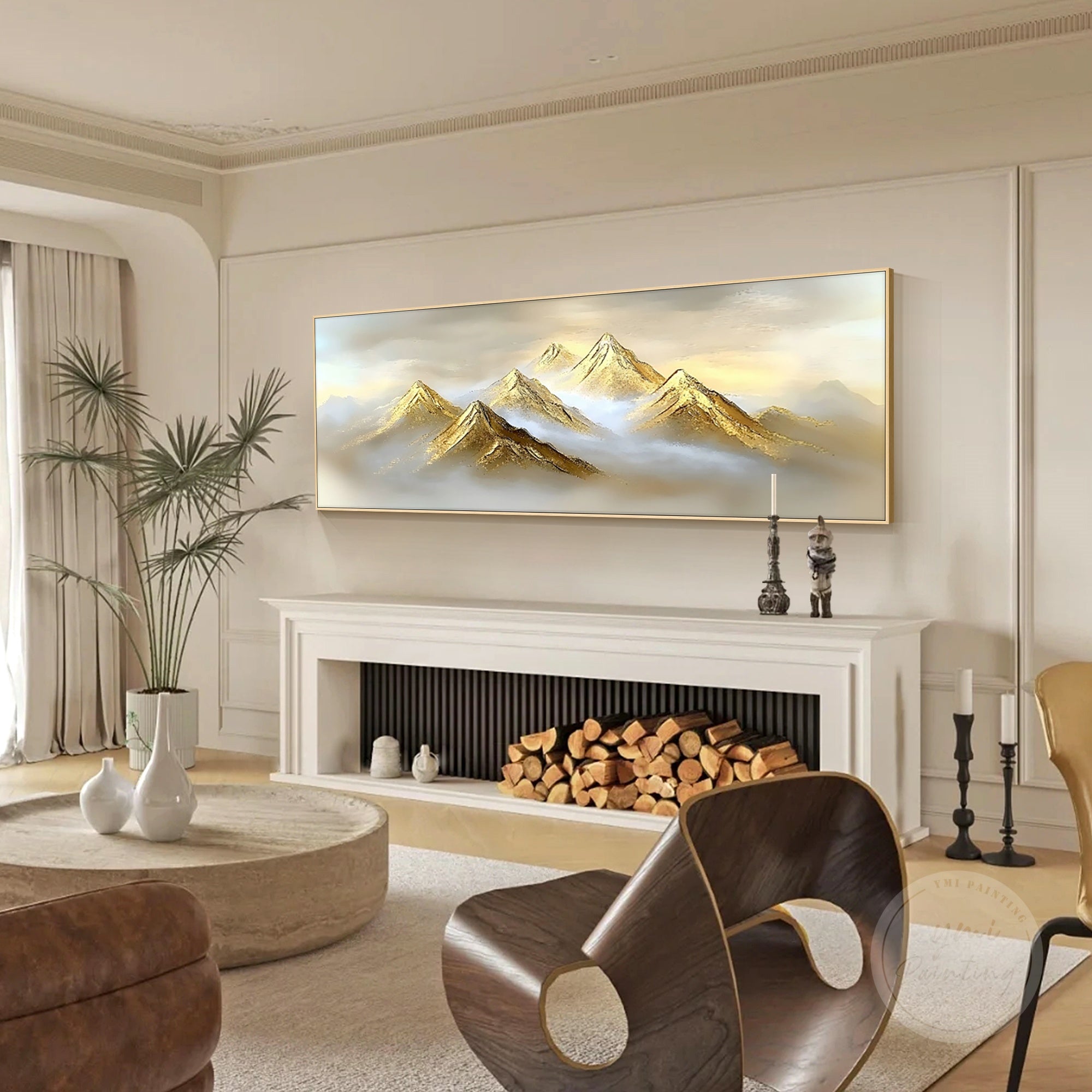 Textured gold mountain wall art hanging in a calm bedroom space, elegant gift for her