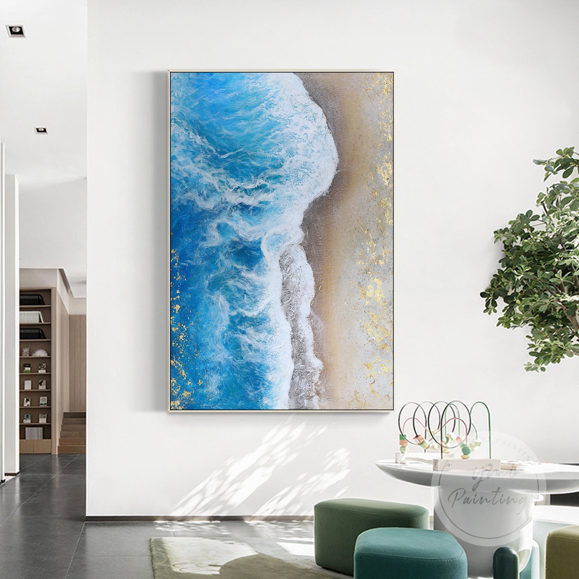 Golden and blue abstract beach wall art with glitter accents