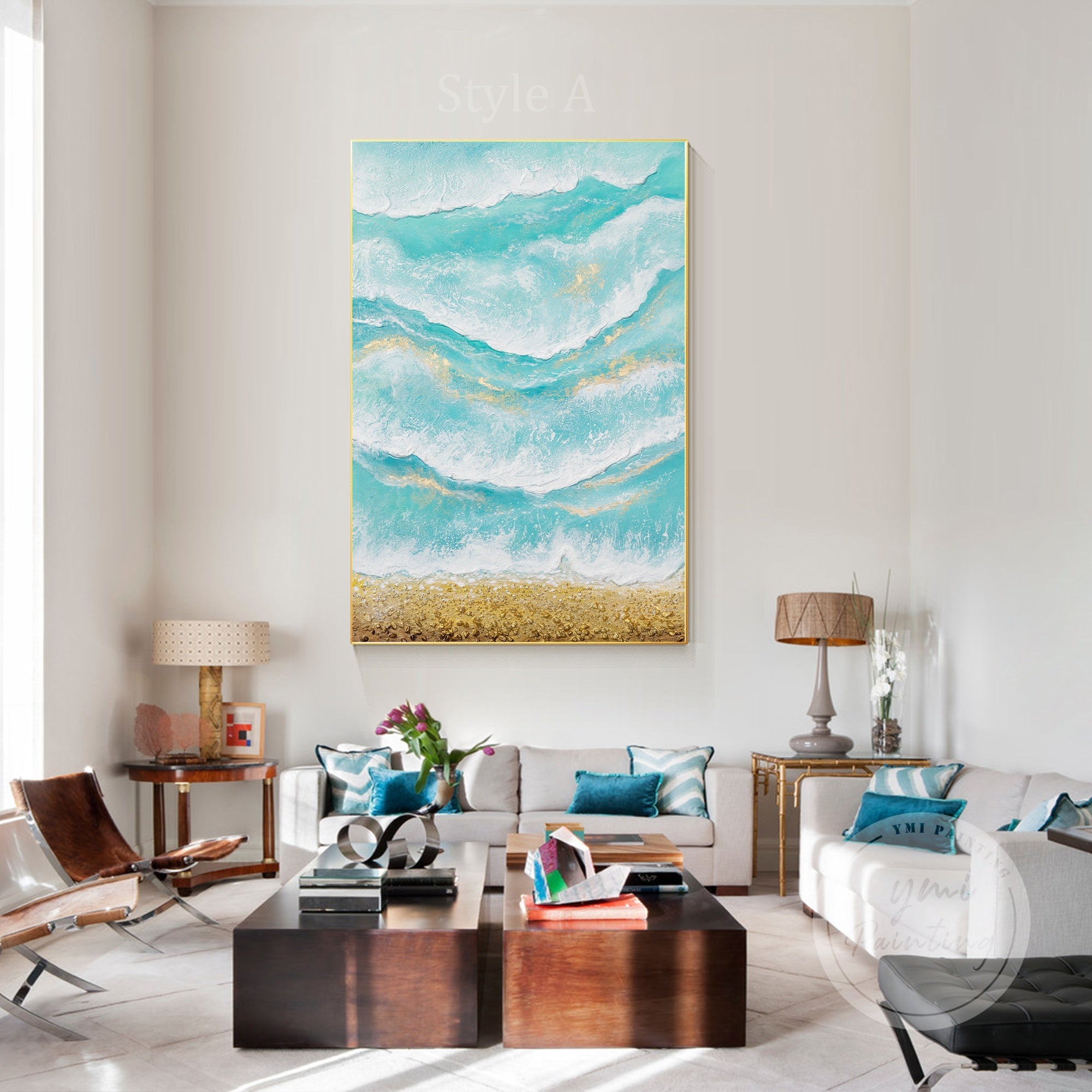 Golden sand and turquoise water abstract painting