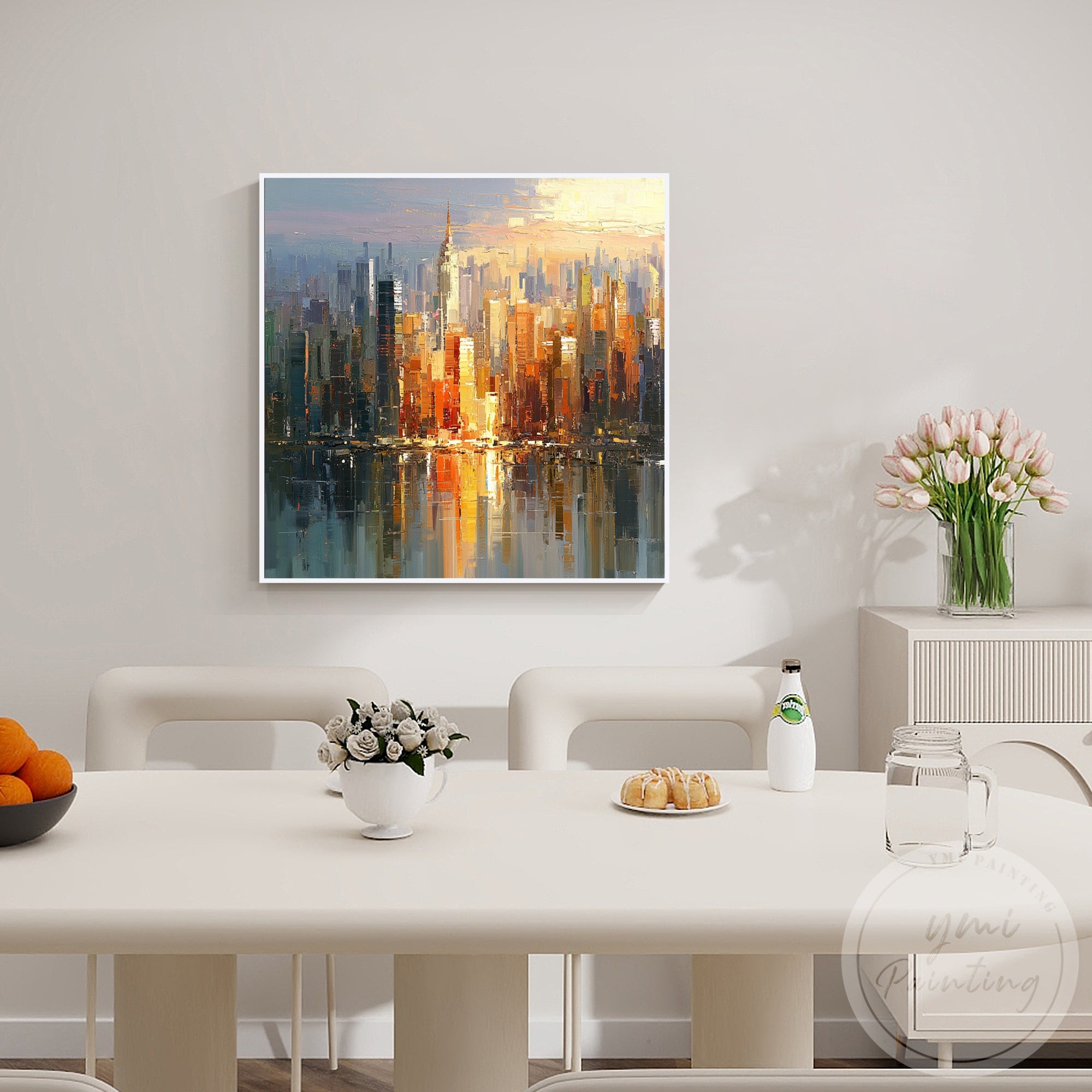 Contemporary skyline wall art with textured architectural details