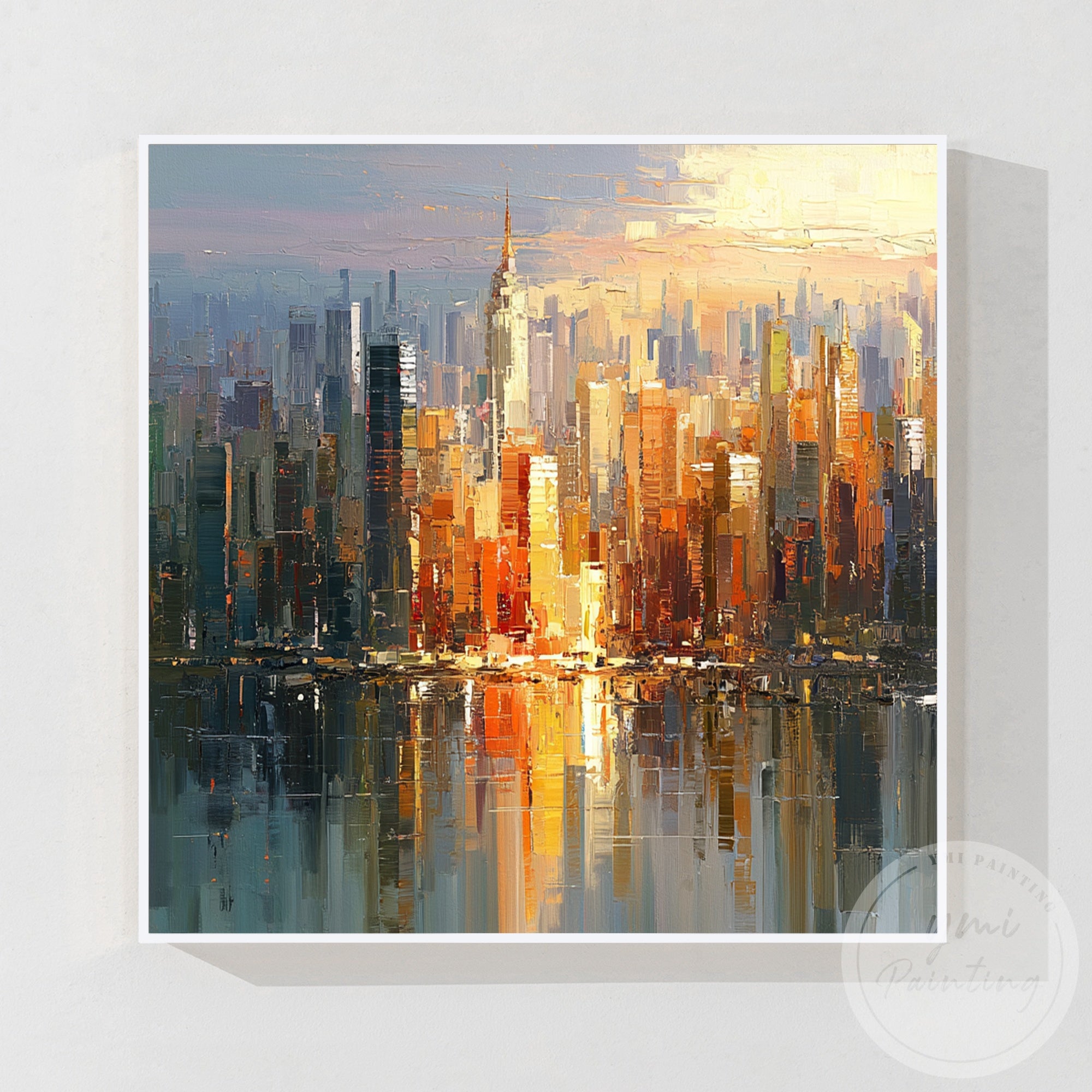 Contemporary cityscape painting with dramatic sunset lighting