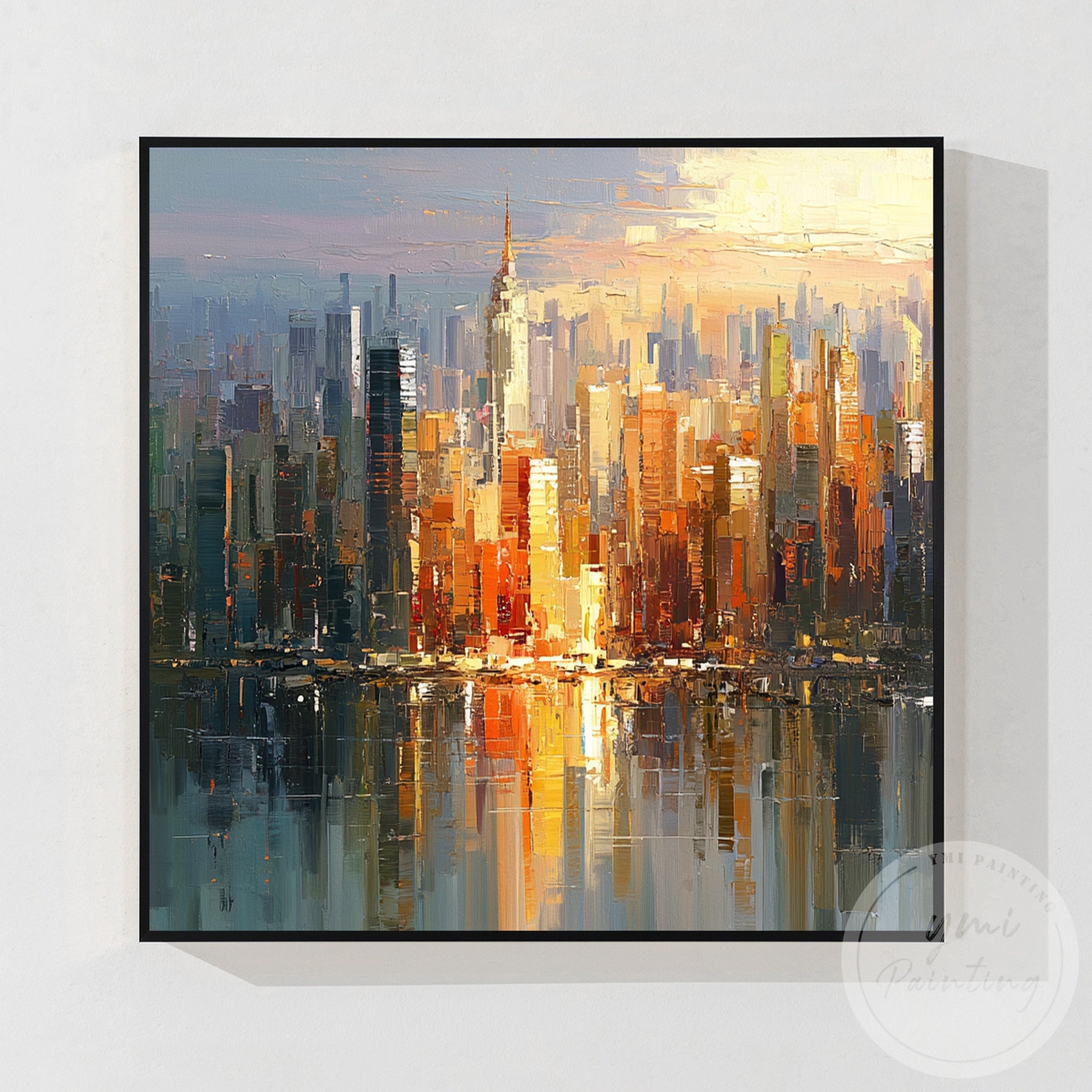 Large abstract skyline art featuring luminous city reflections