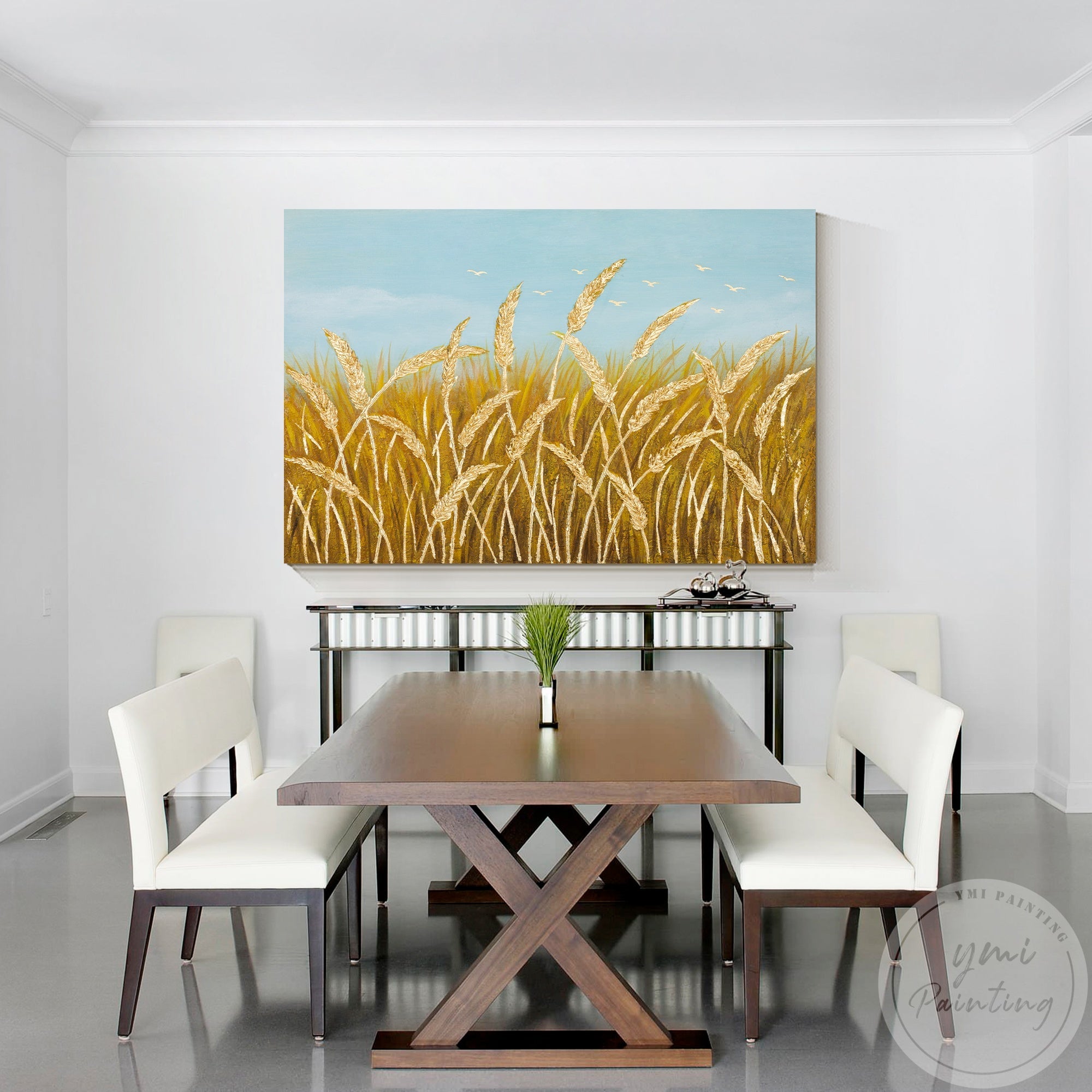 This serene artwork captures the warmth of autumn with soft lighting and rich golden tones, bringing a cozy, natural vibe to dining room.