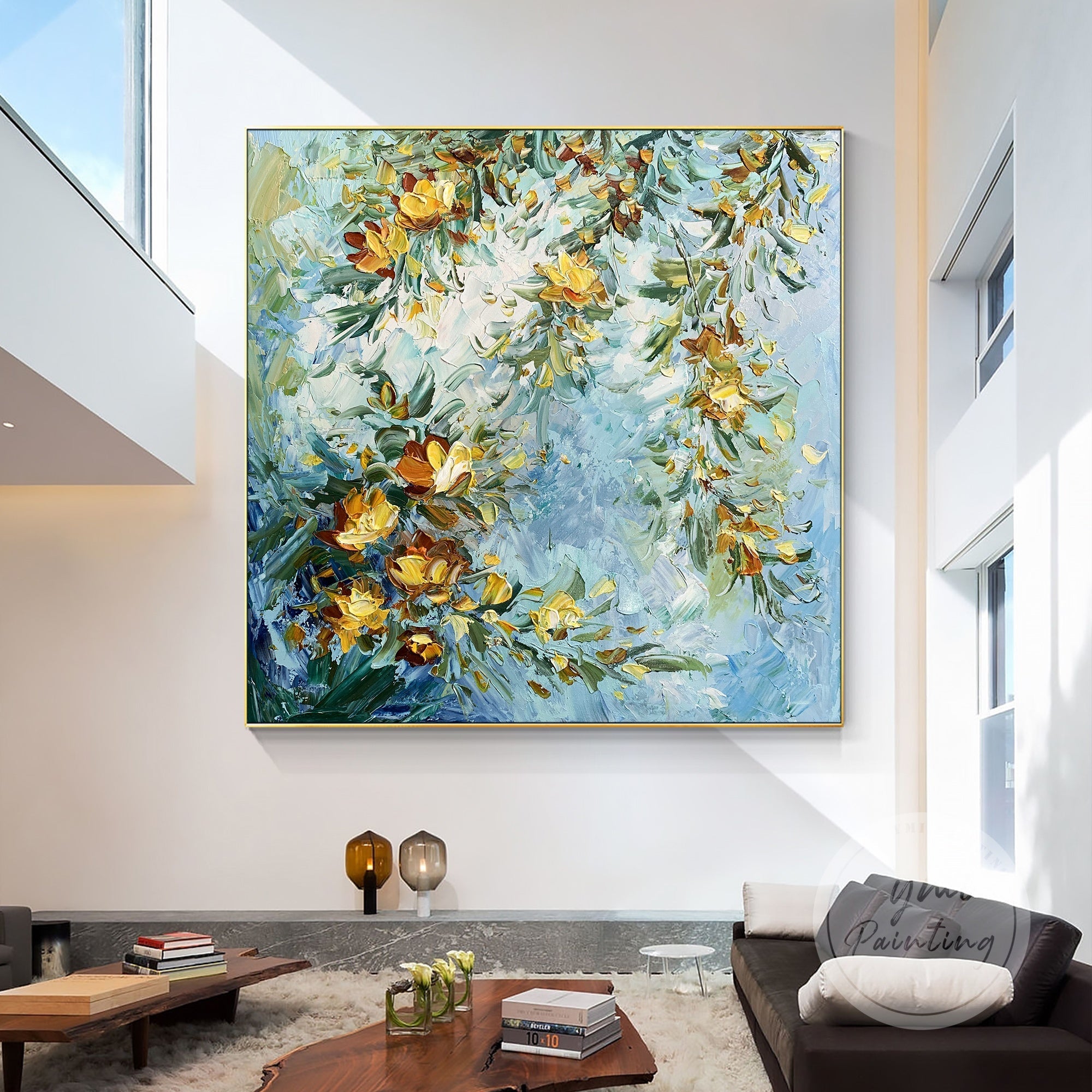 Enhance your modern living room with this textured floral painting, showcasing vibrant yellow flowers and green leaves on a light blue background.