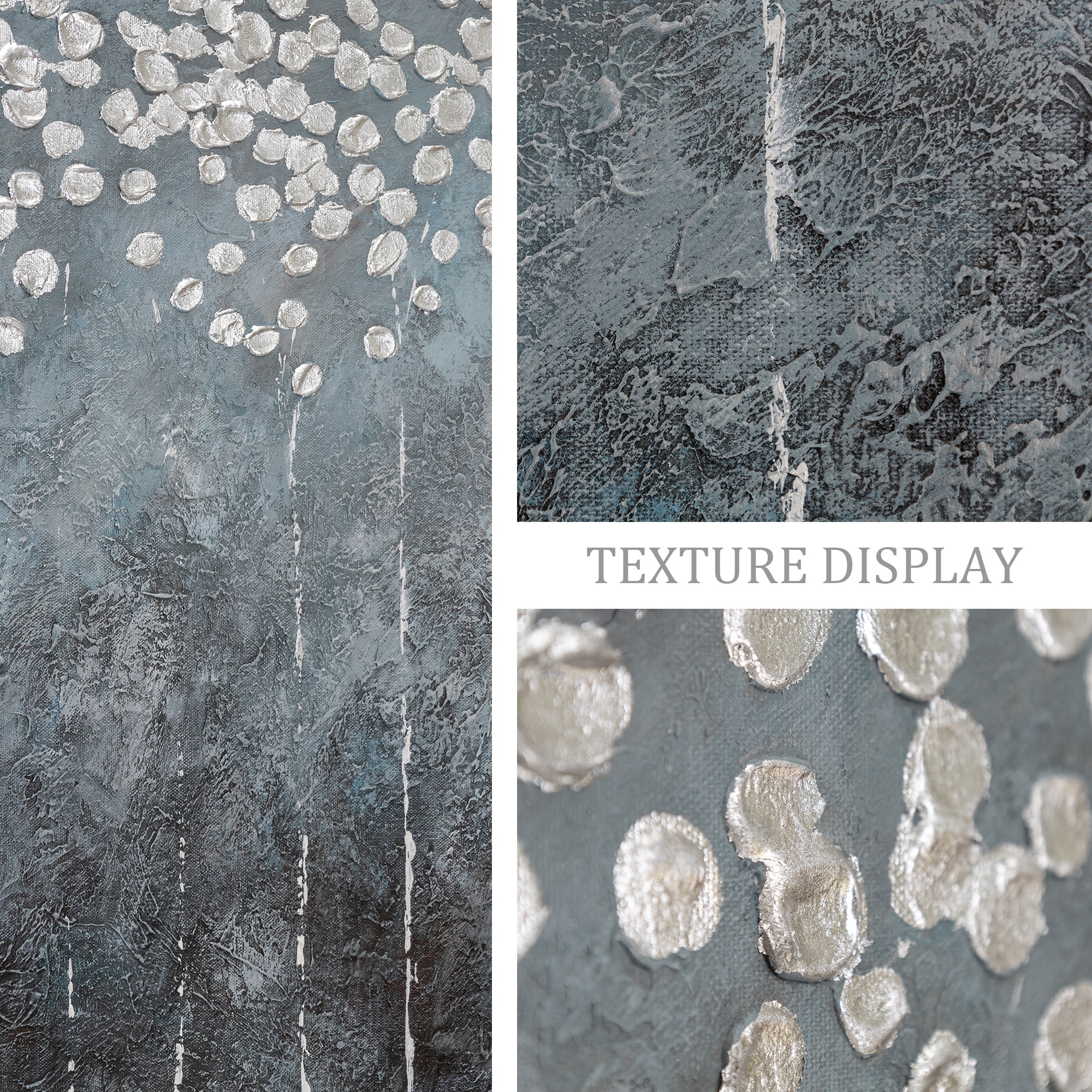 Close-up detail of gray and silver abstract wall art highlighting layered texture and surface finish