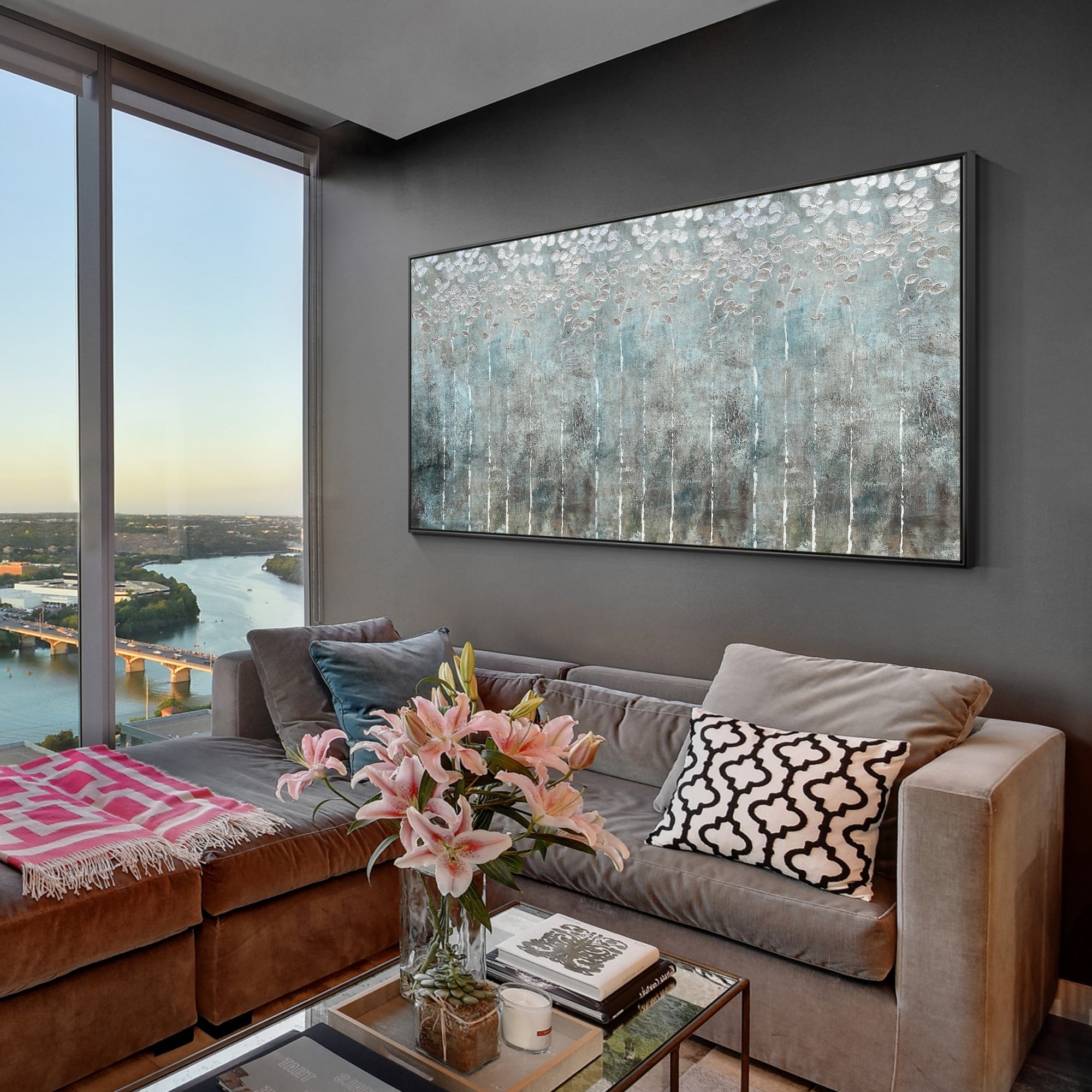 Textured abstract canvas art in soft gray and silver colors with refined layered finish