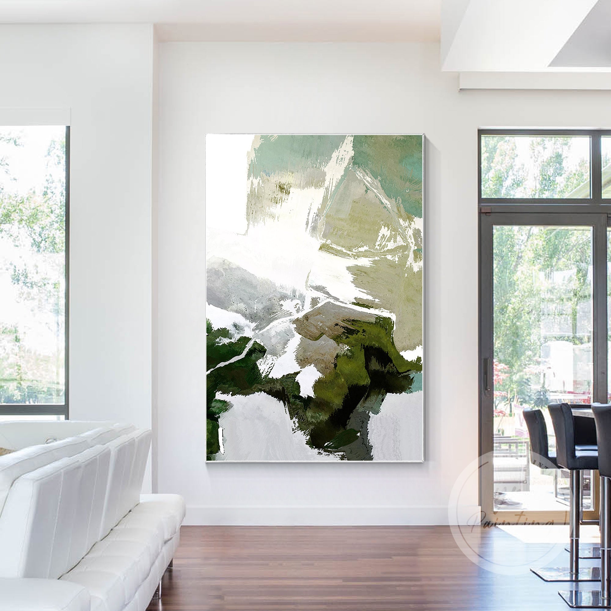 Textured green abstract landscape painting on canvas.