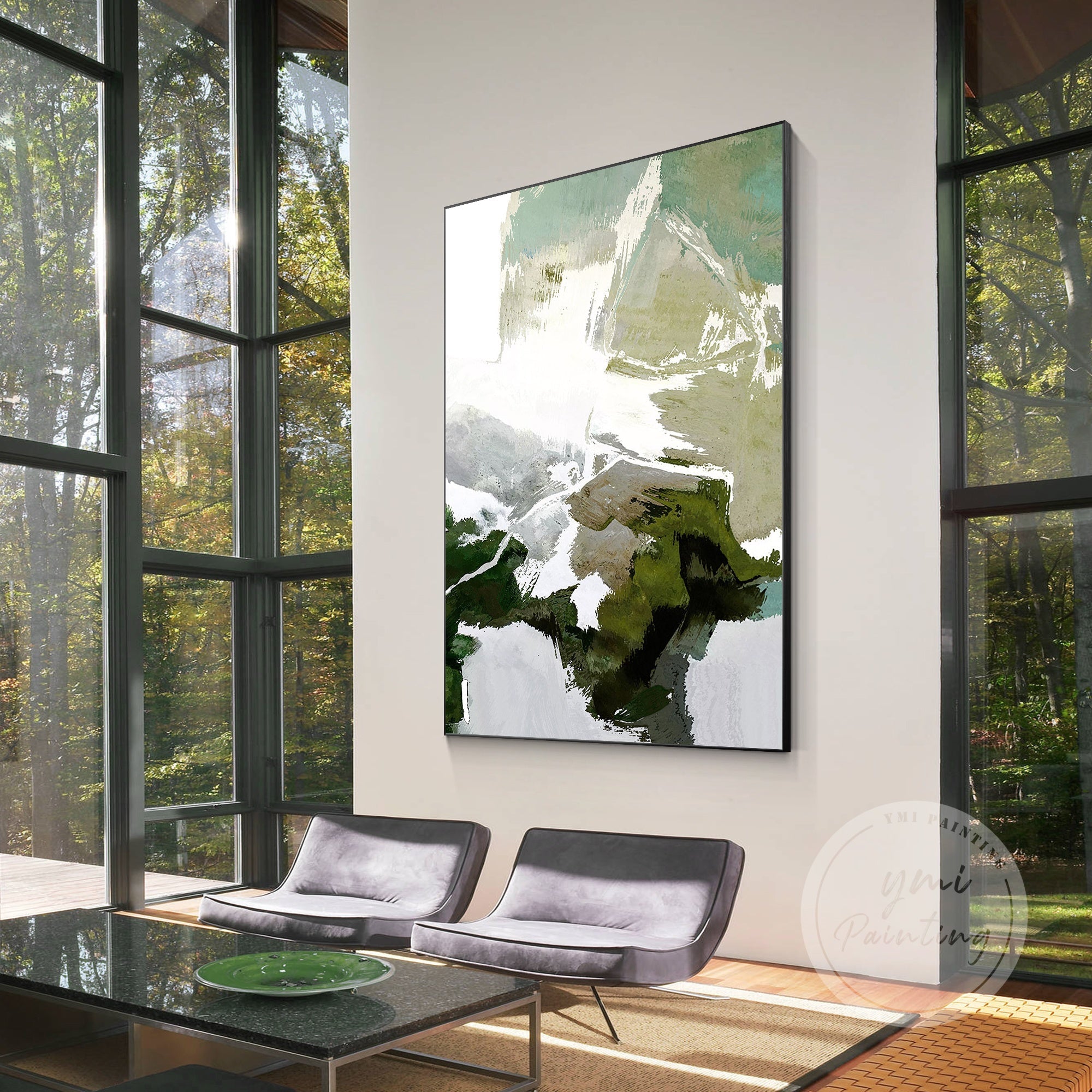 Neutral green and gold abstract mountain painting.