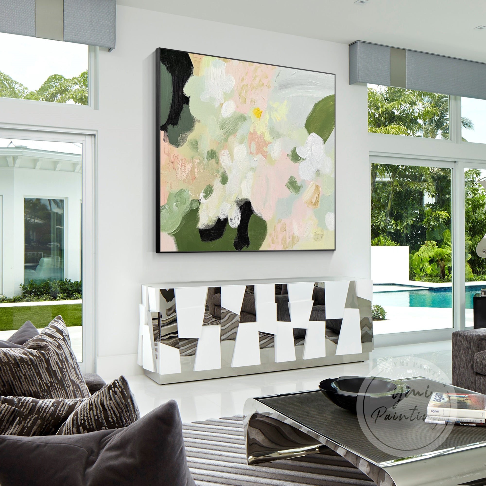 Romantic canvas painting with delicate white blooms.