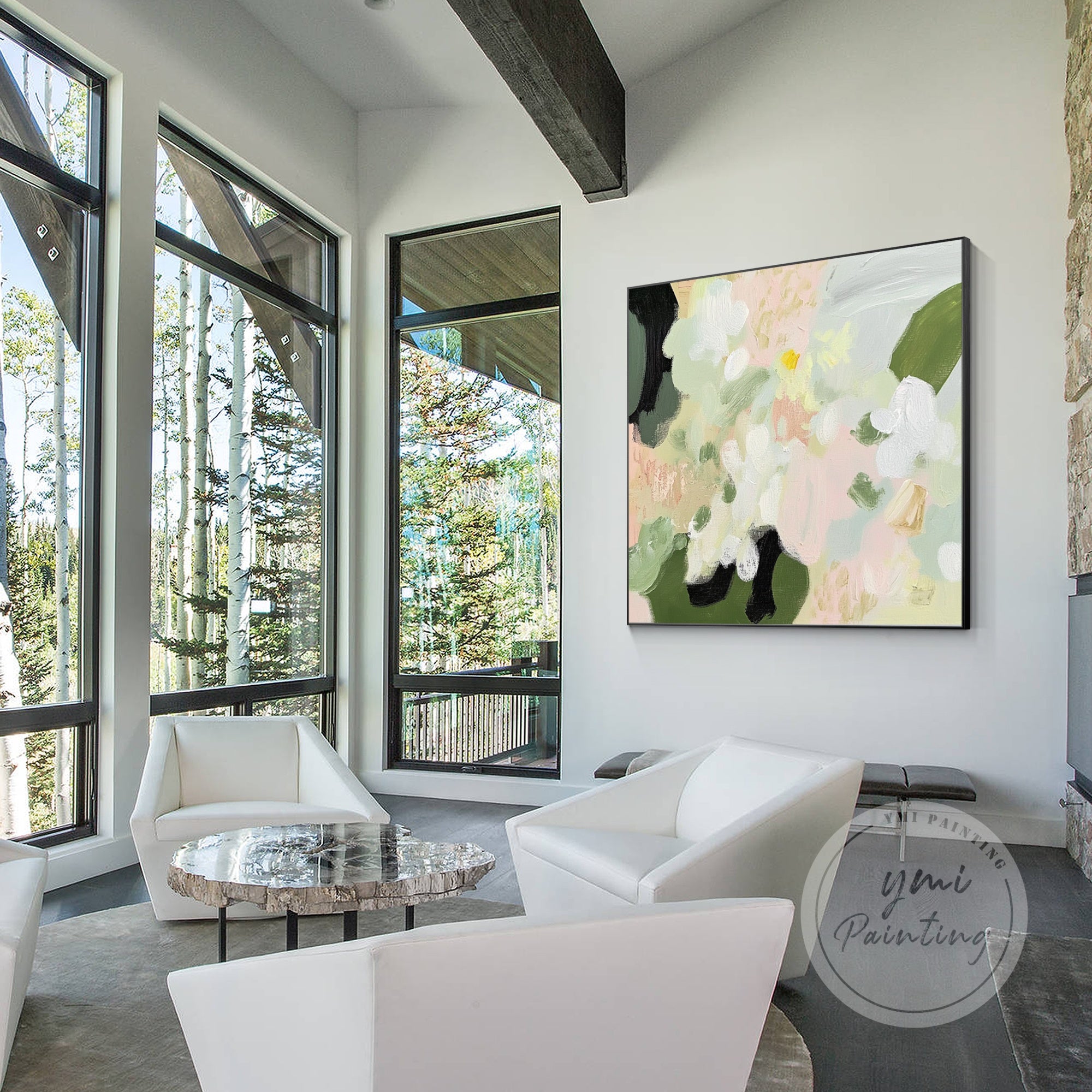Dreamy pastel floral painting for modern decor in a white frame.