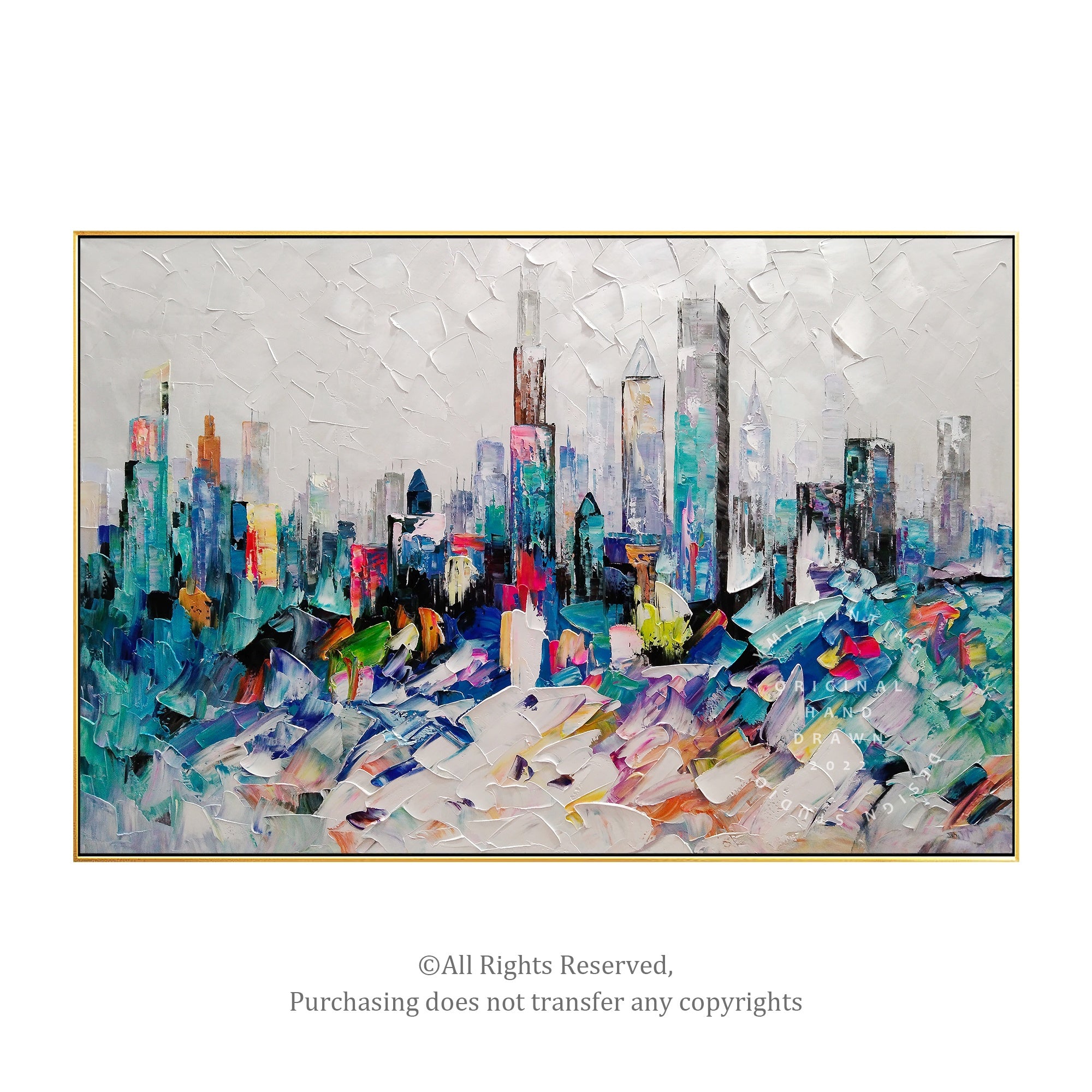 Hand-painted abstract Chicago skyline painting, ideal for contemporary or industrial-themed interiors.