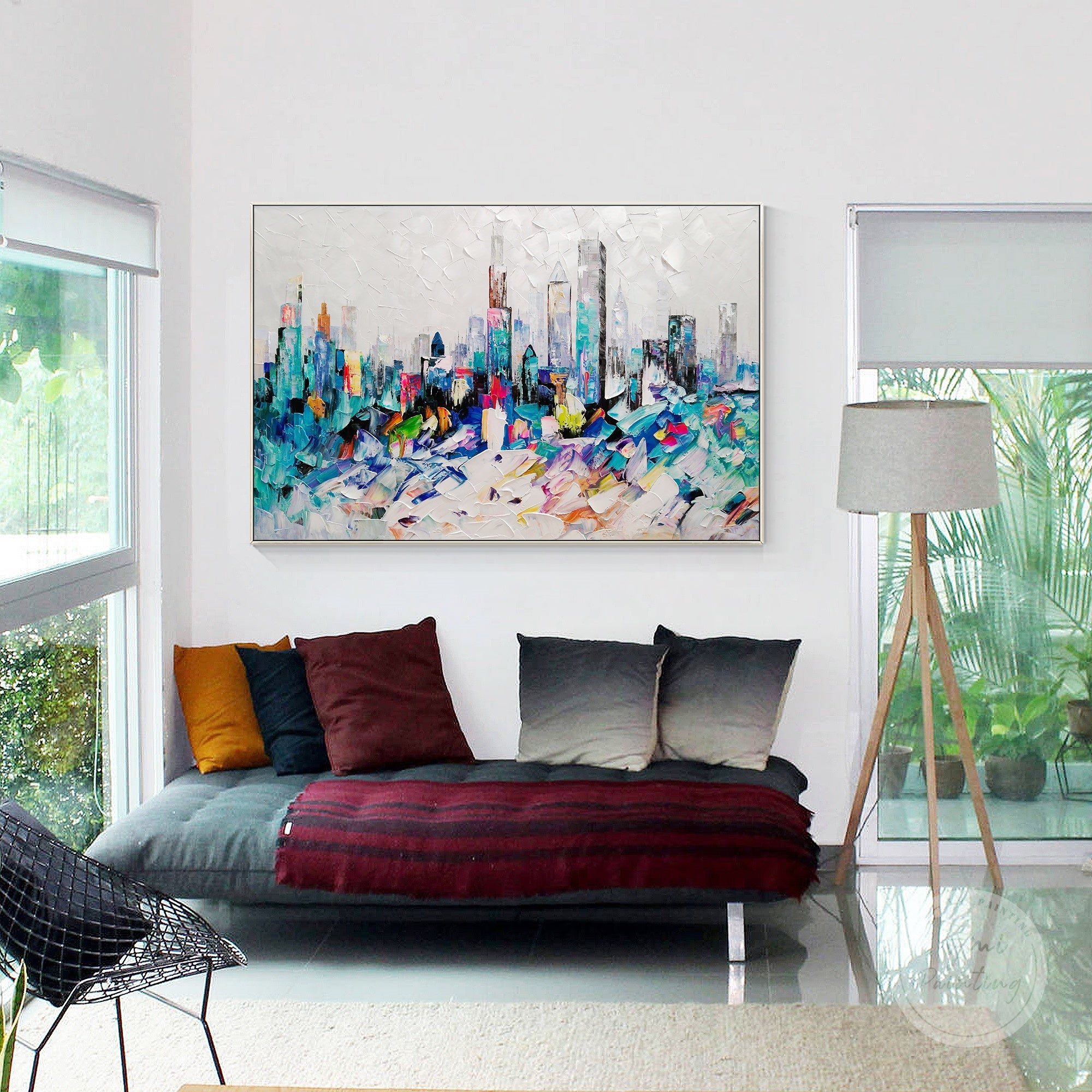 Abstract cityscape art of Chicago, capturing the dynamic energy of the city with bold, textured brushstrokes.