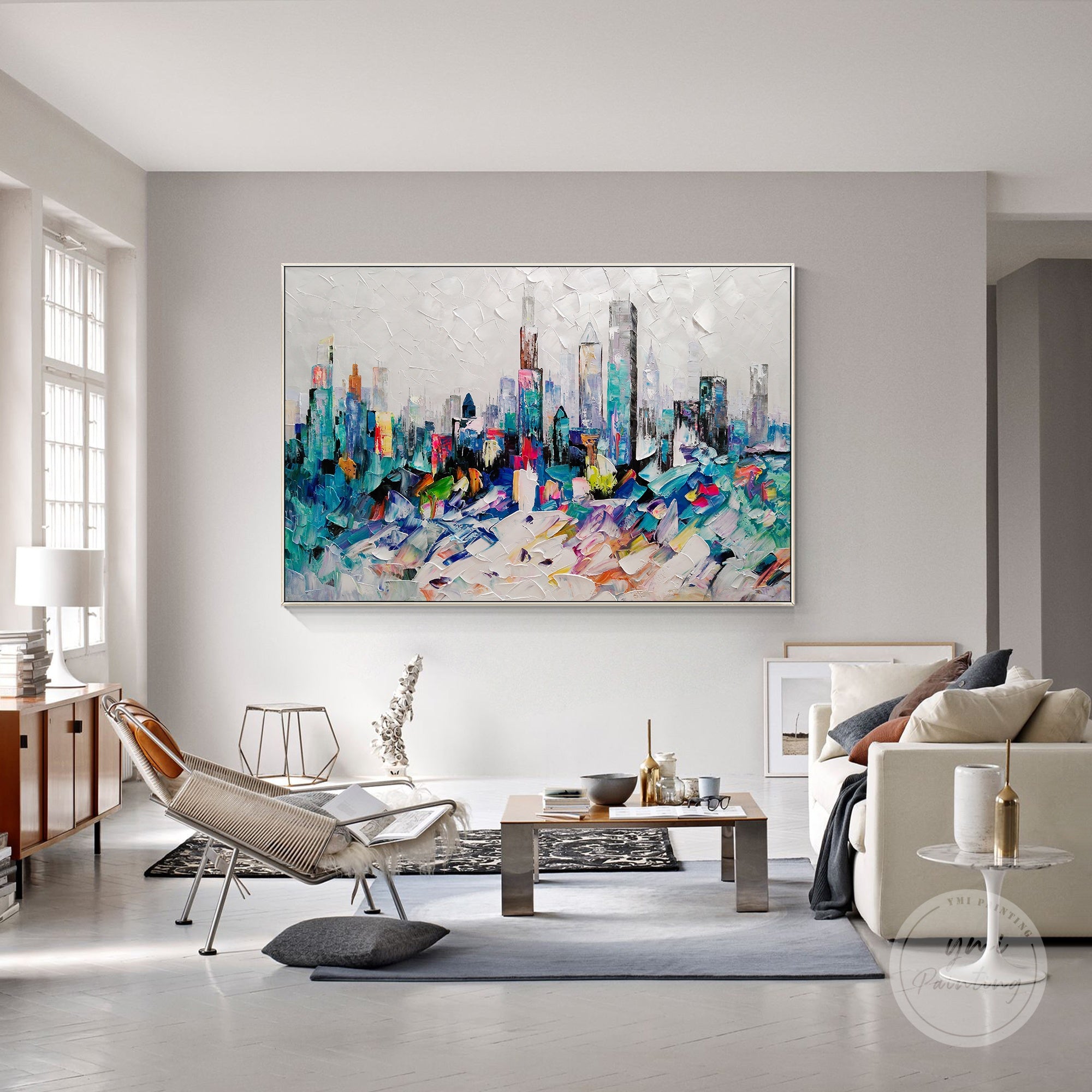 Modern blue abstract painting of Chicago's skyline, adding depth and style to your interior space.