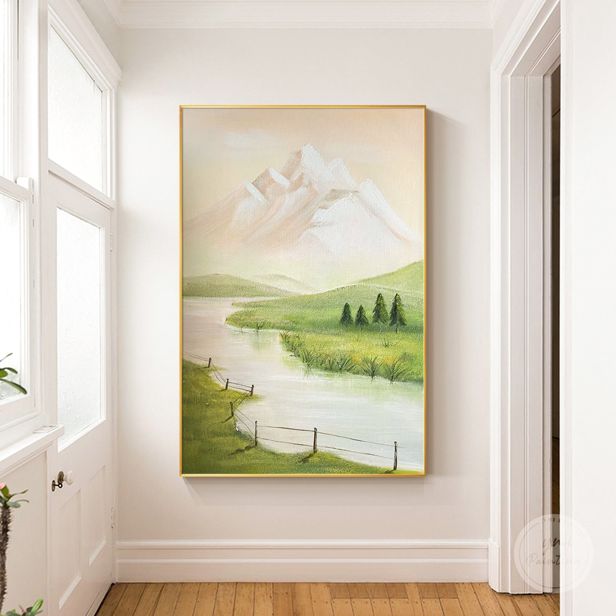 Nature-inspired green and gold landscape painting featuring mountains and river for entryway decor