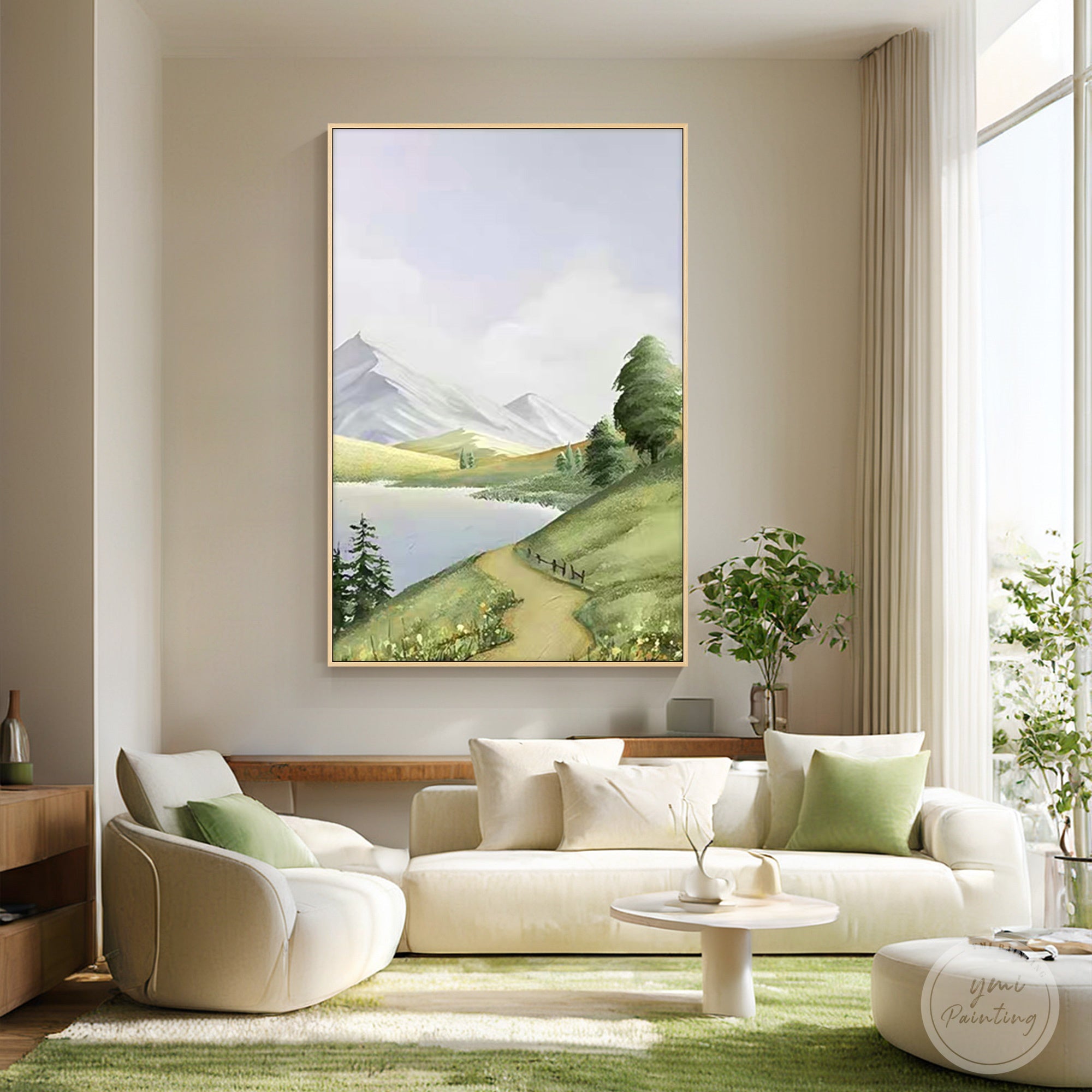 Hand painted green mountain with serene lake and white mountain