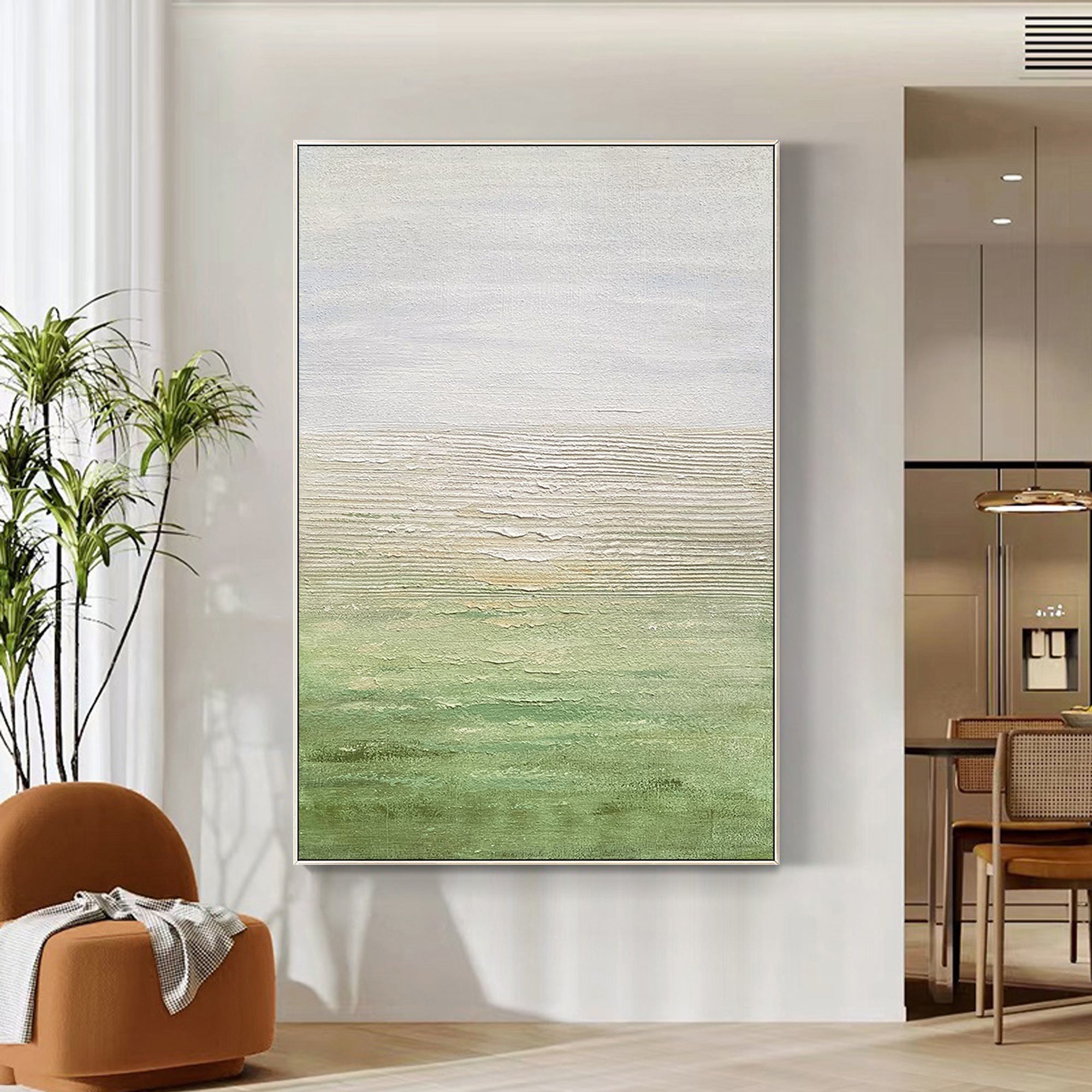 Hand-painted green abstract artwork with layered textures for modern interiors.