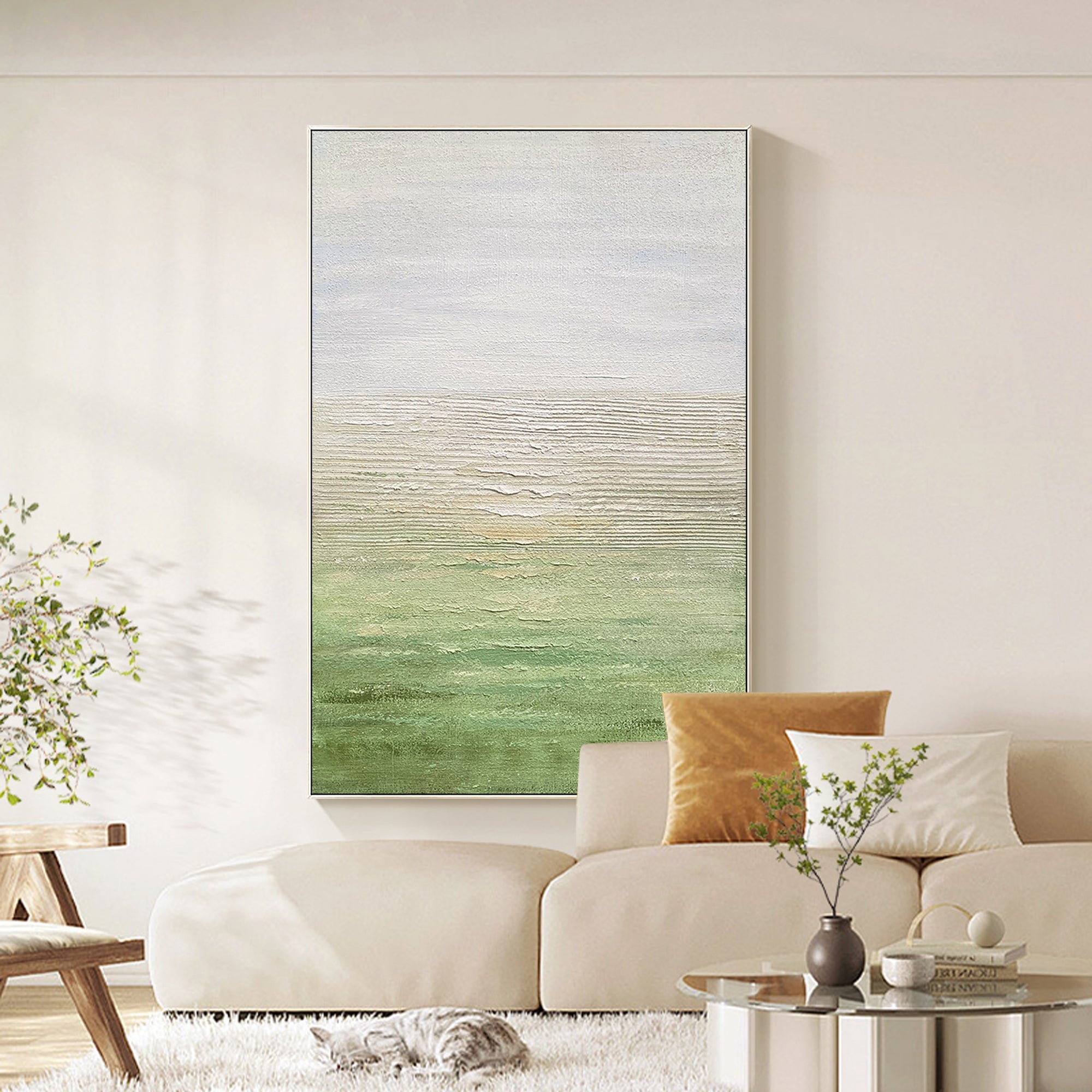 Large green abstract canvas wall art displayed in a contemporary living room.