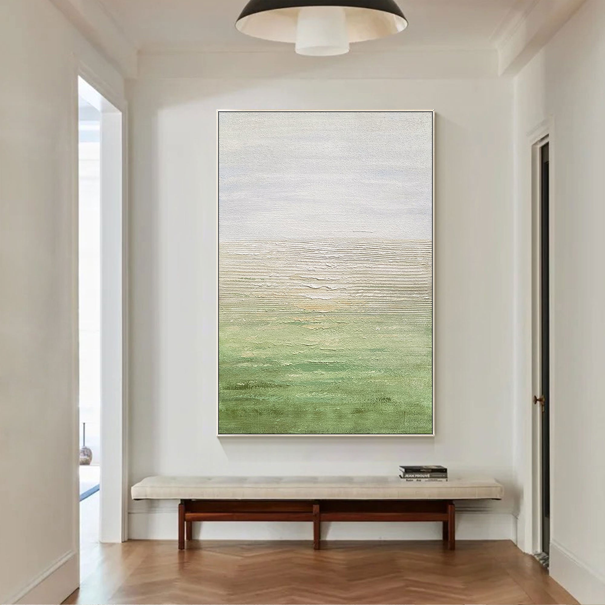 Elegant green abstract artwork for office décor, featuring soft brushstrokes.