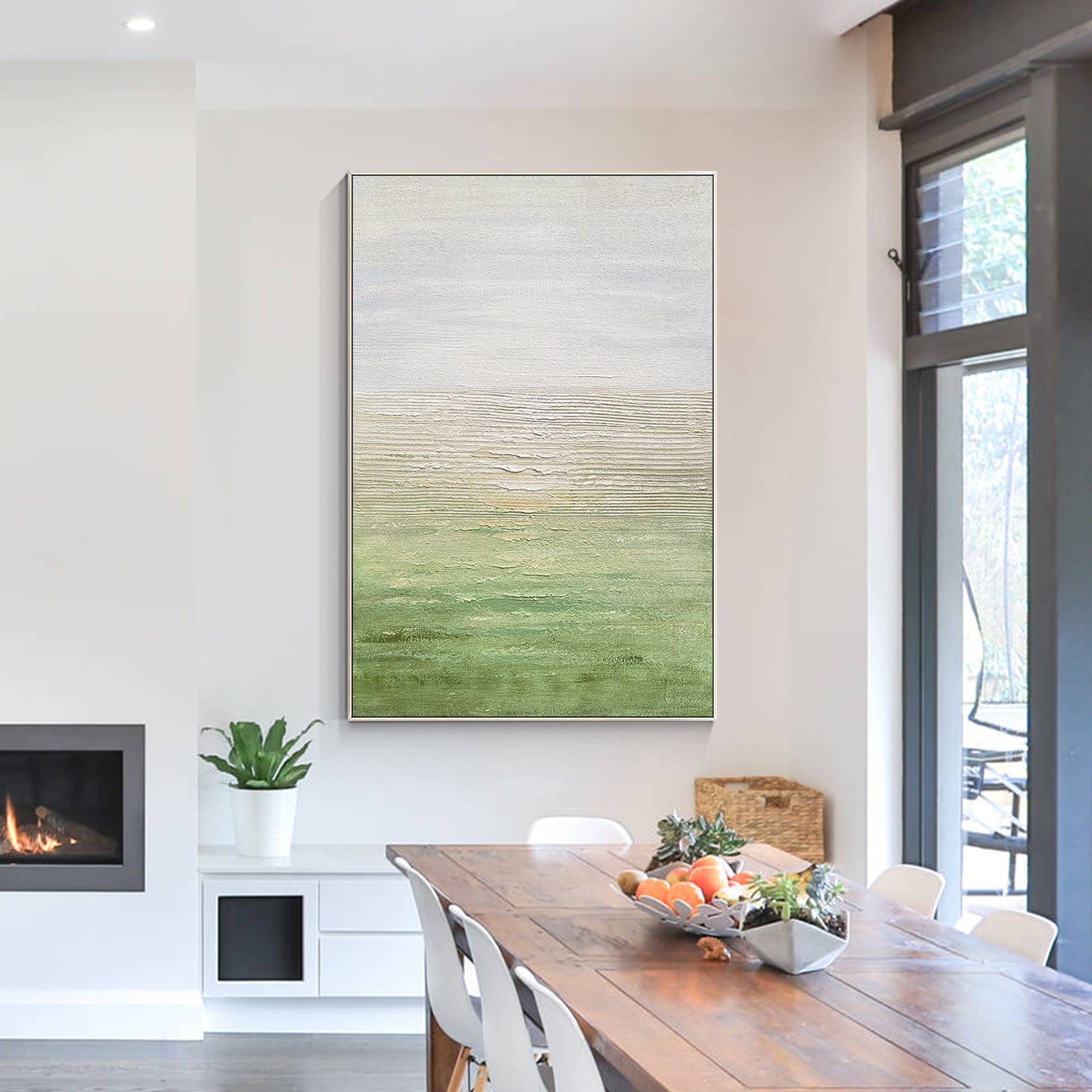 Close-up of a textured green abstract painting showing intricate brush details.