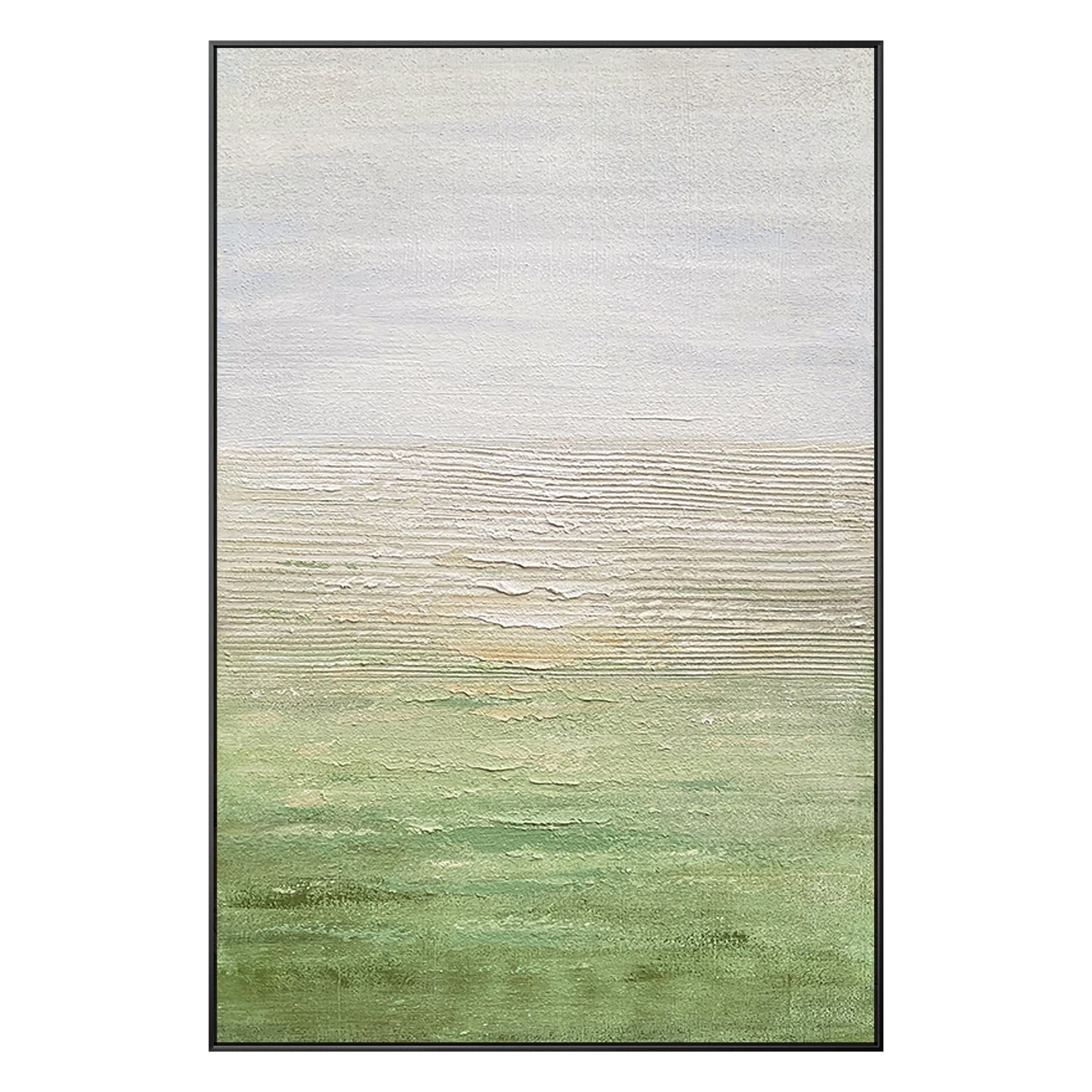 Textured green abstract canvas painting, ideal for stylish home décor in a black frame.