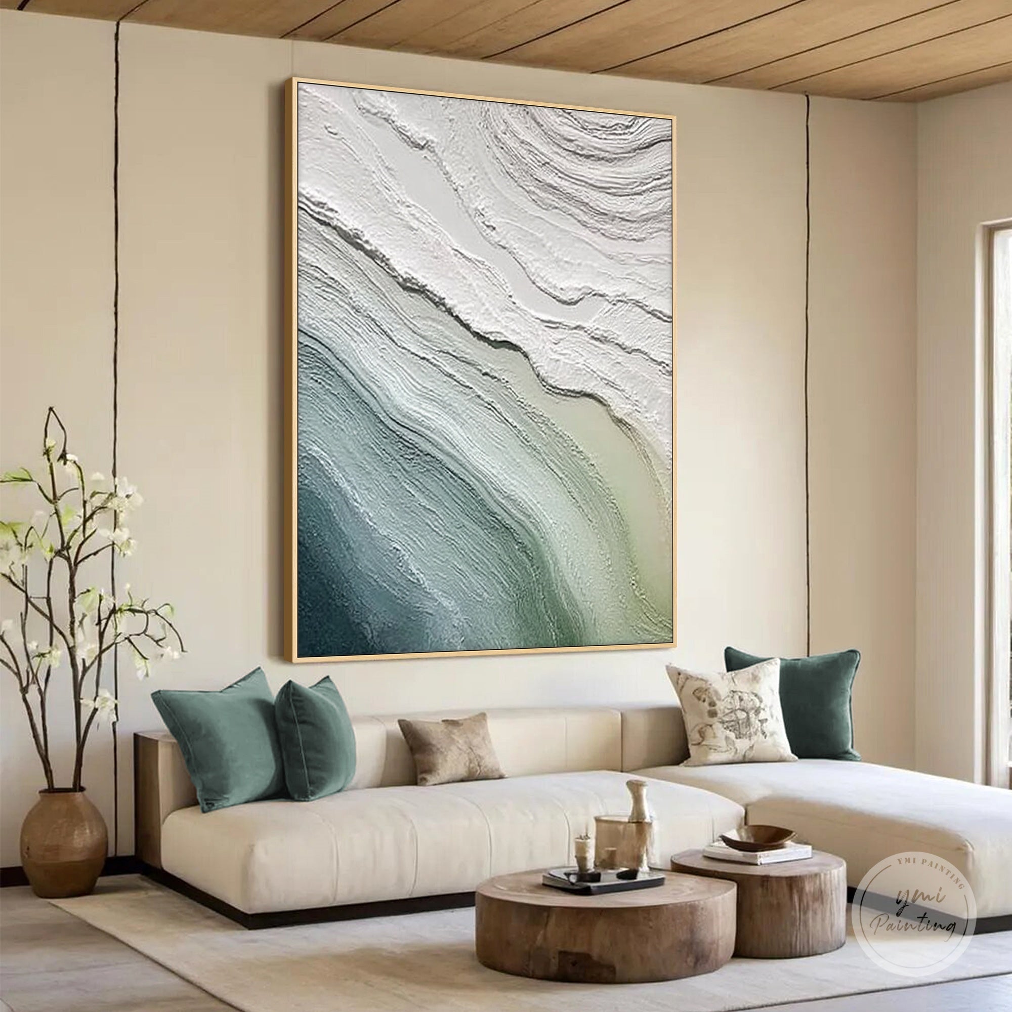 abstract seascape texture painting with soft green hues and sculpted wave-like details