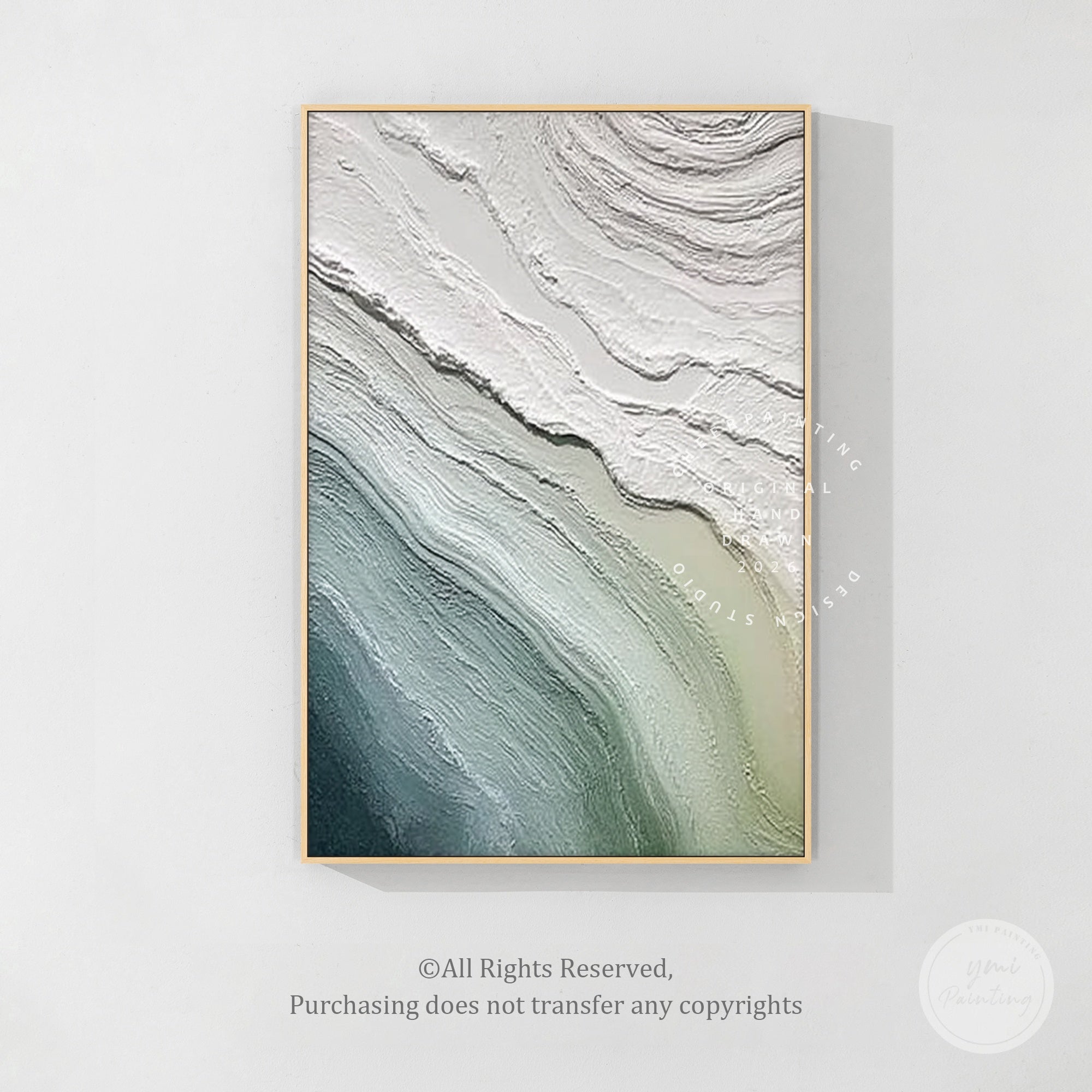 textured abstract coastal artwork featuring soft green gradients and white layered formations