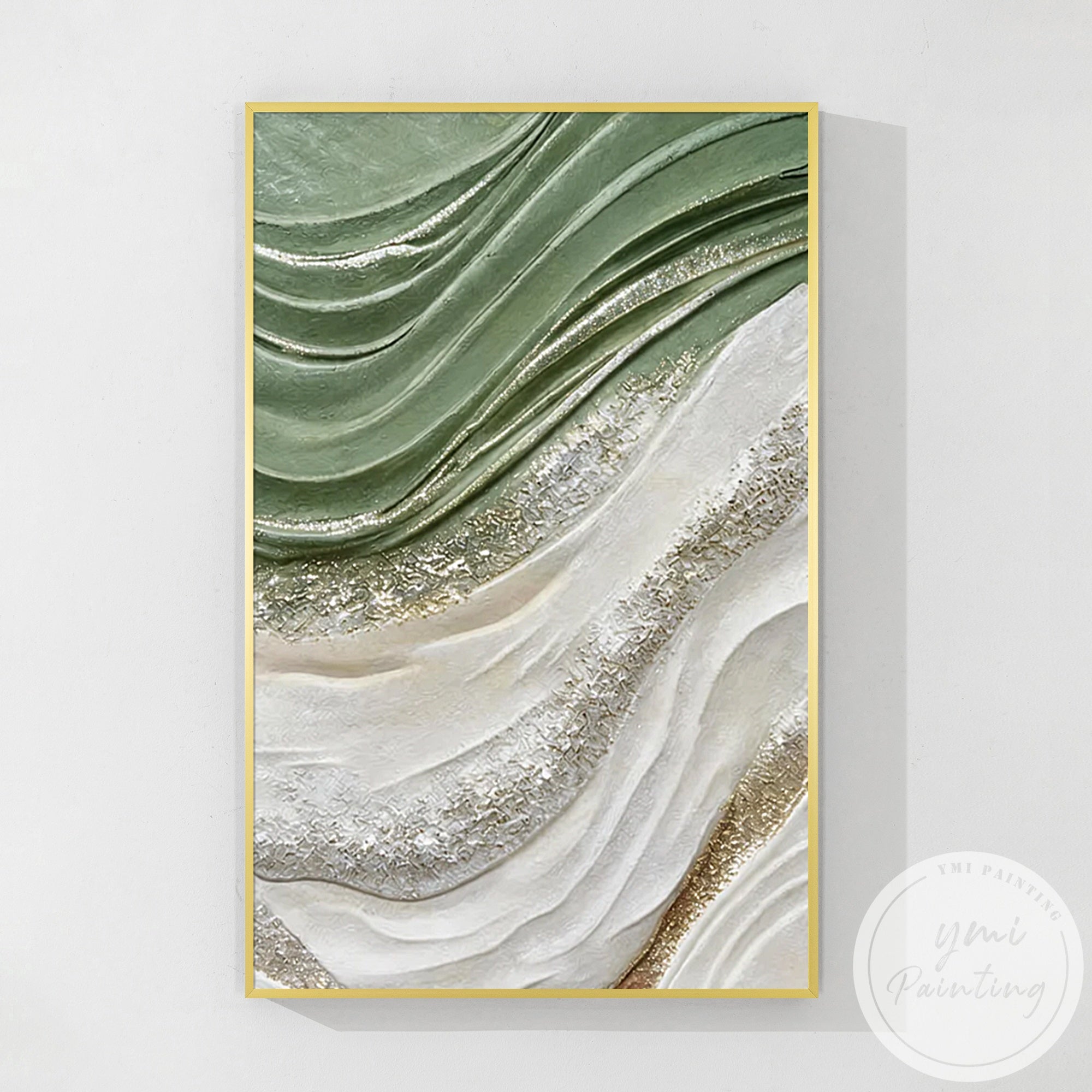 Abstract canvas painting with green, white, and gold flowing waves