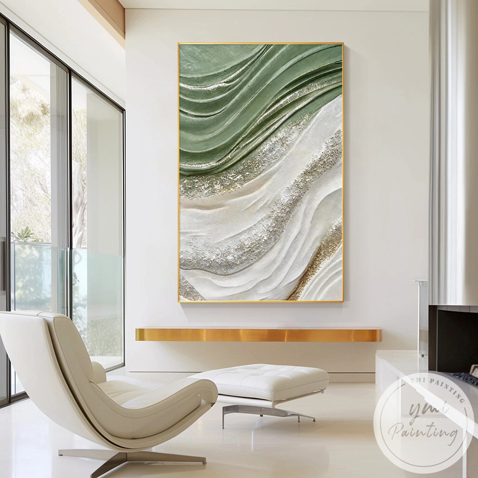 Modern abstract sculpture-style painting in green and gold tones