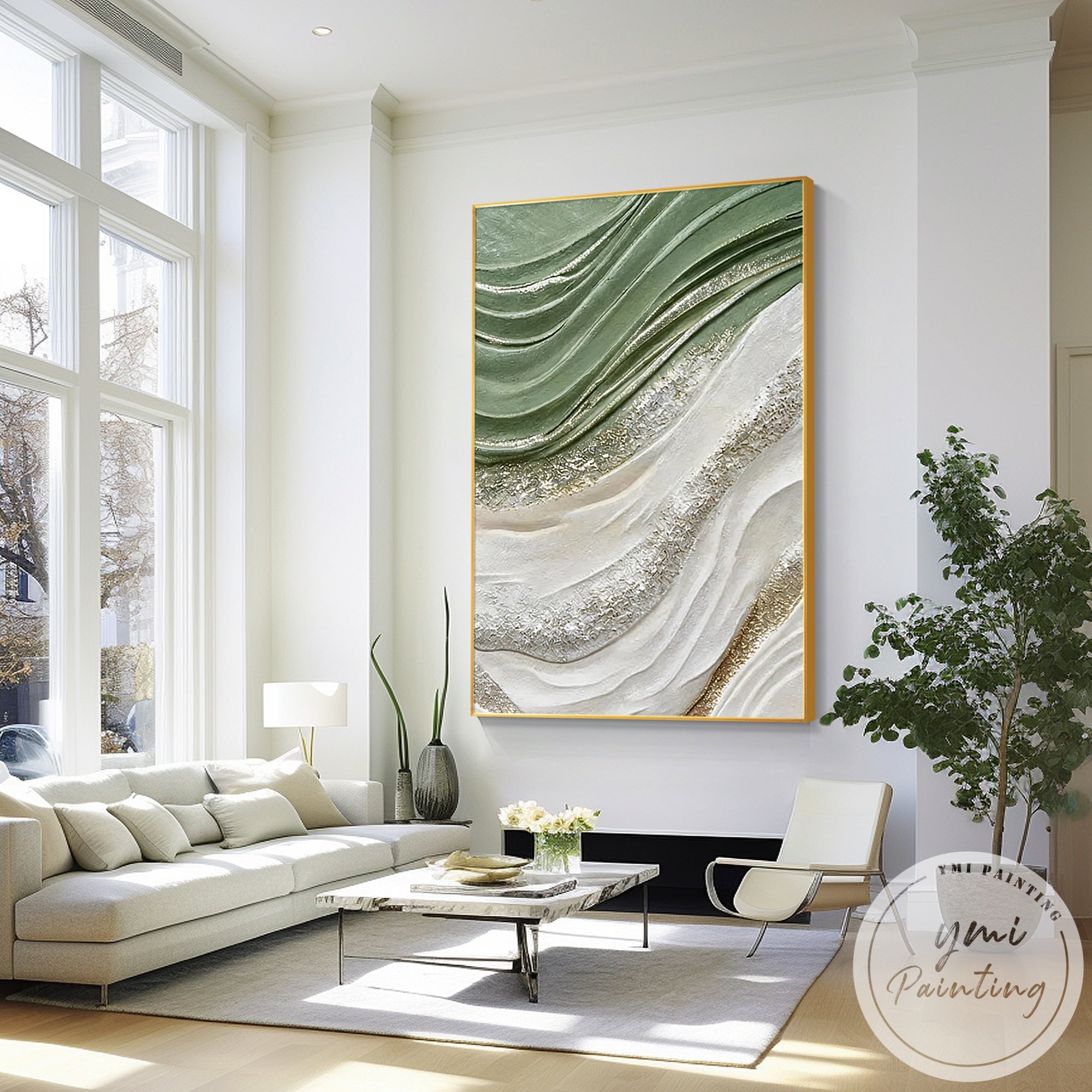 Minimalist abstract artwork with layered green and white shapes