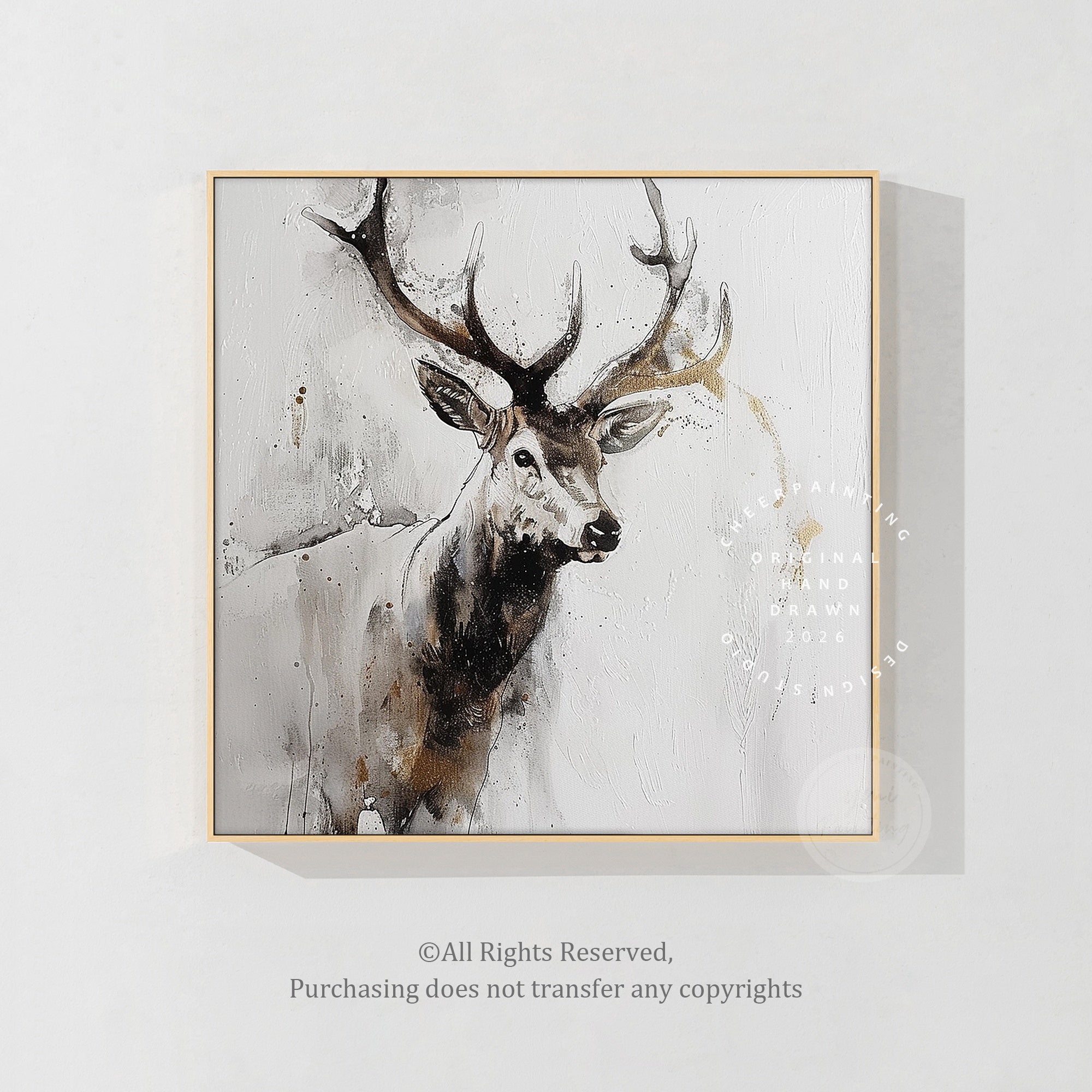 Contemporary deer canvas art featuring a majestic deer, grey background, and handcrafted textured finish