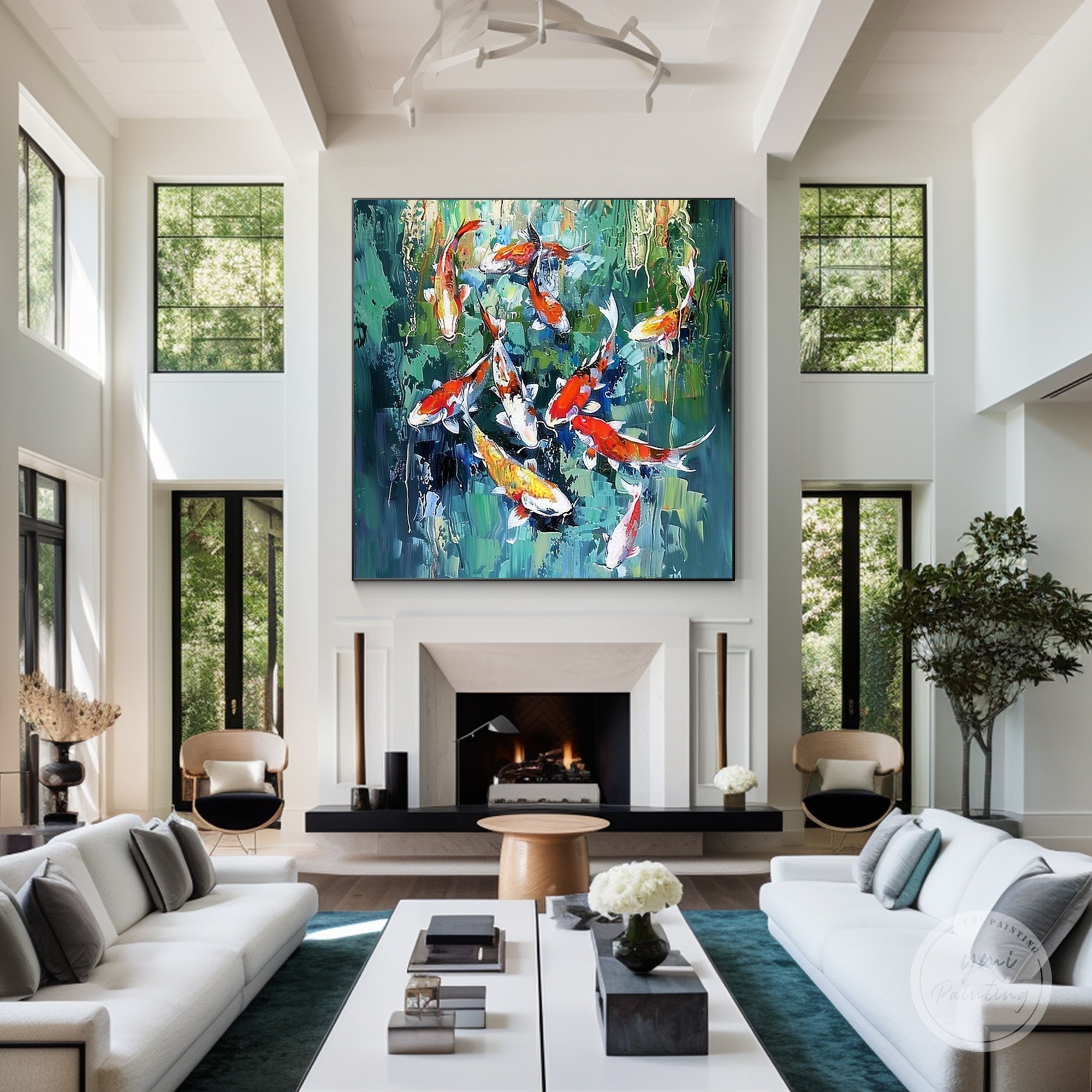 Hand-painted feng shui koi fish artwork featured as decorative wall art in a living room.