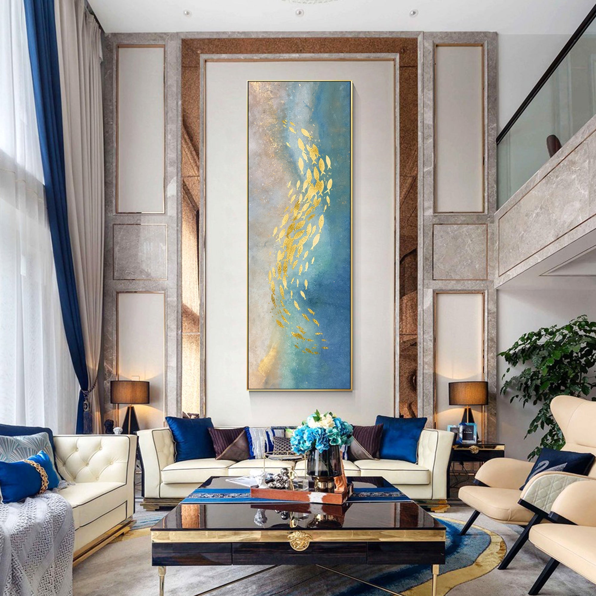 Vertical abstract canvas showing golden fish forms rising across a softly glittered surface.