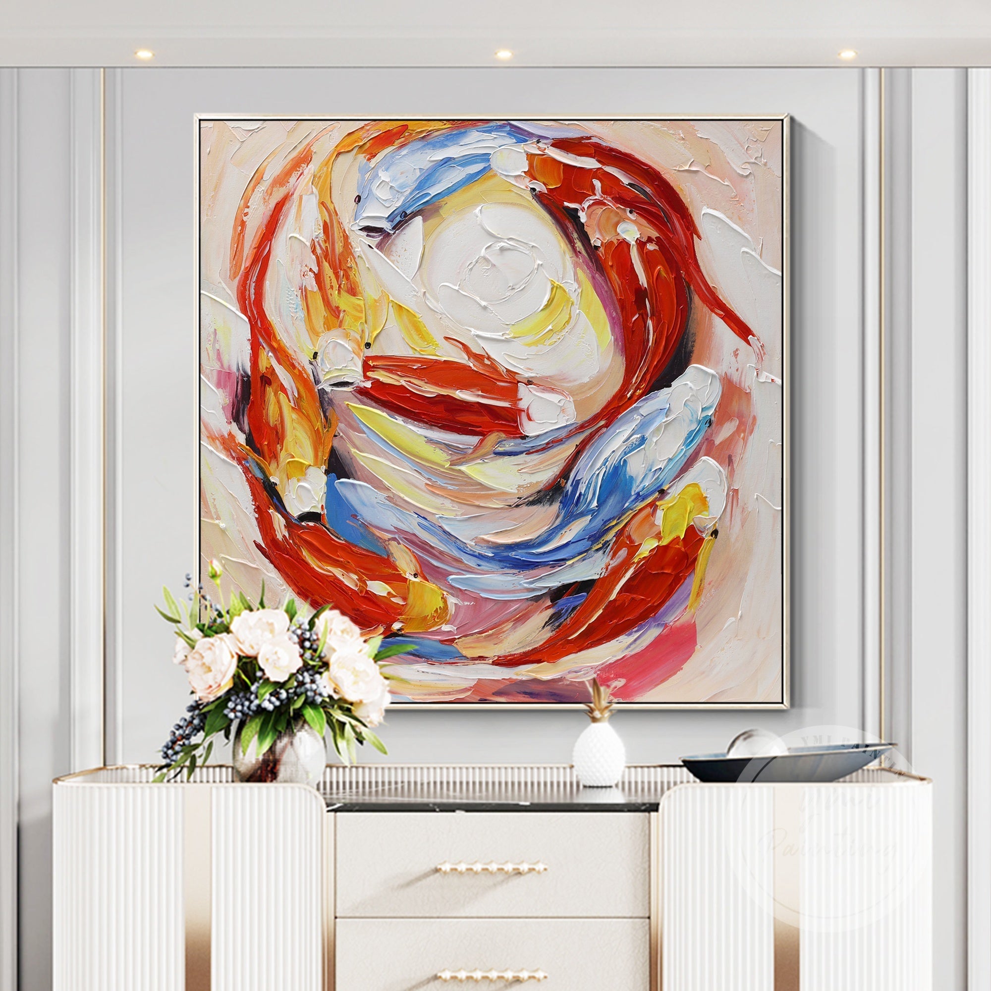 Lucky Lotus and Fish Symbolic Art, depicting 9 koi fish swimming alongside a serene lotus, a powerful symbol of good luck, prosperity, and spiritual enlightenment.