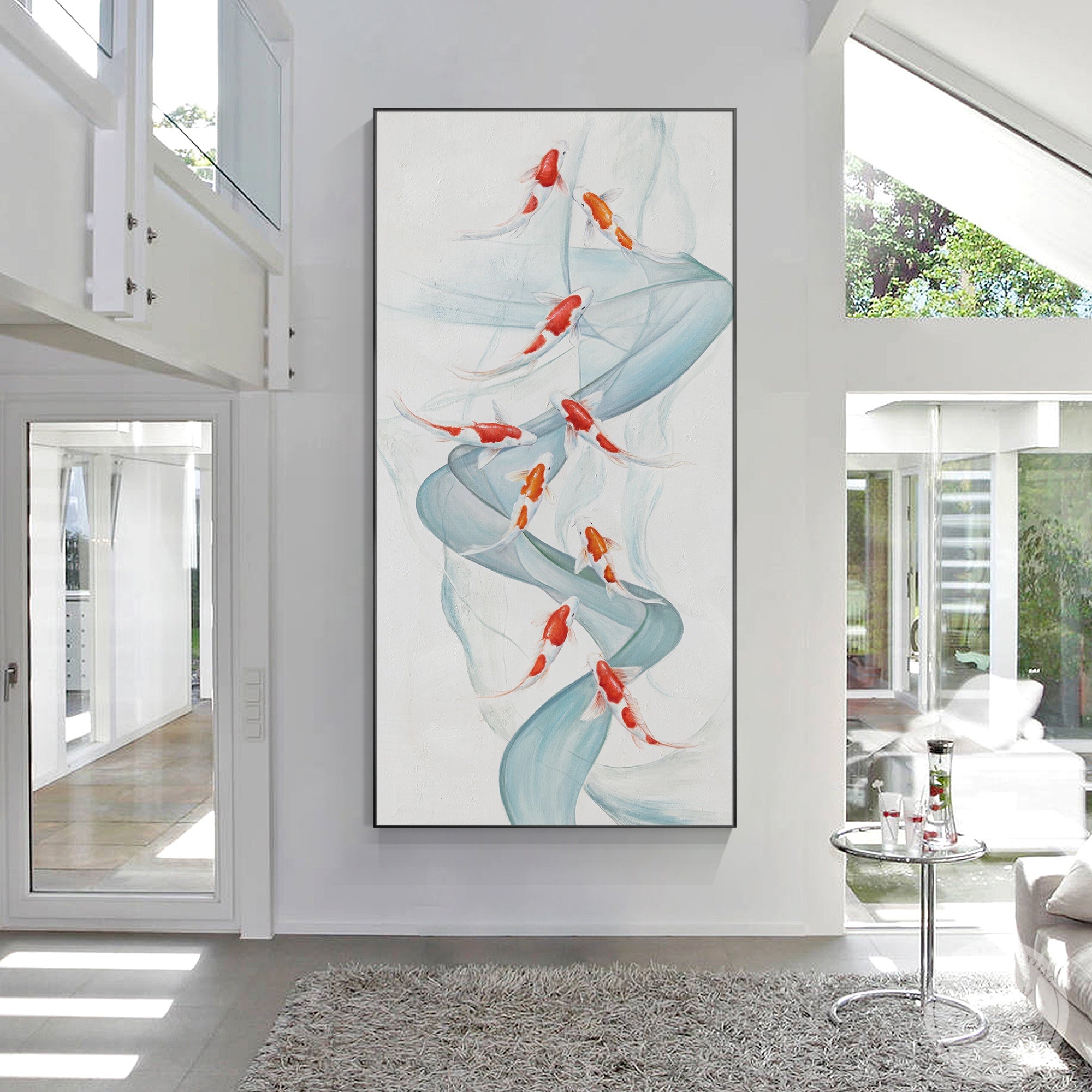 Hand painted koi fish artwork with flowing blue ribbon water shown in a modern style interior.