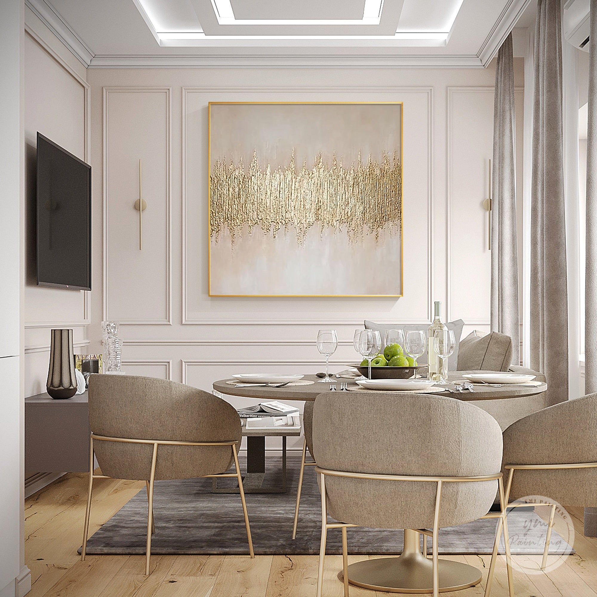 Hand painted abstract gold textured wall art with calm neutral background shown in a bedroom setting.