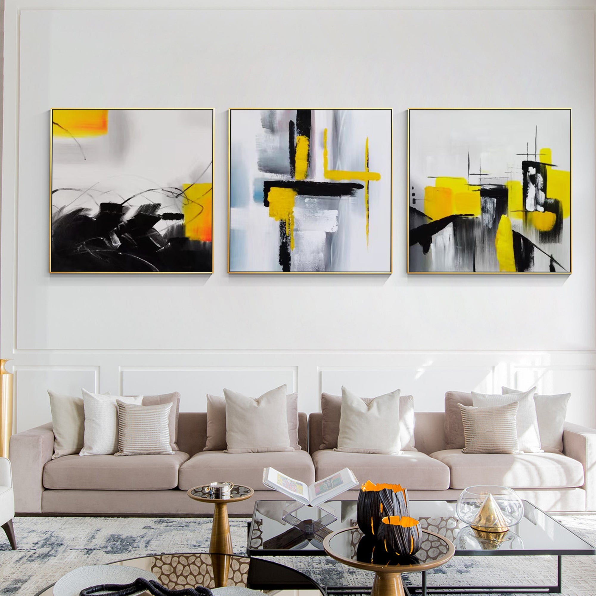 Hand Painted Black and Yellow Abstract Art Set