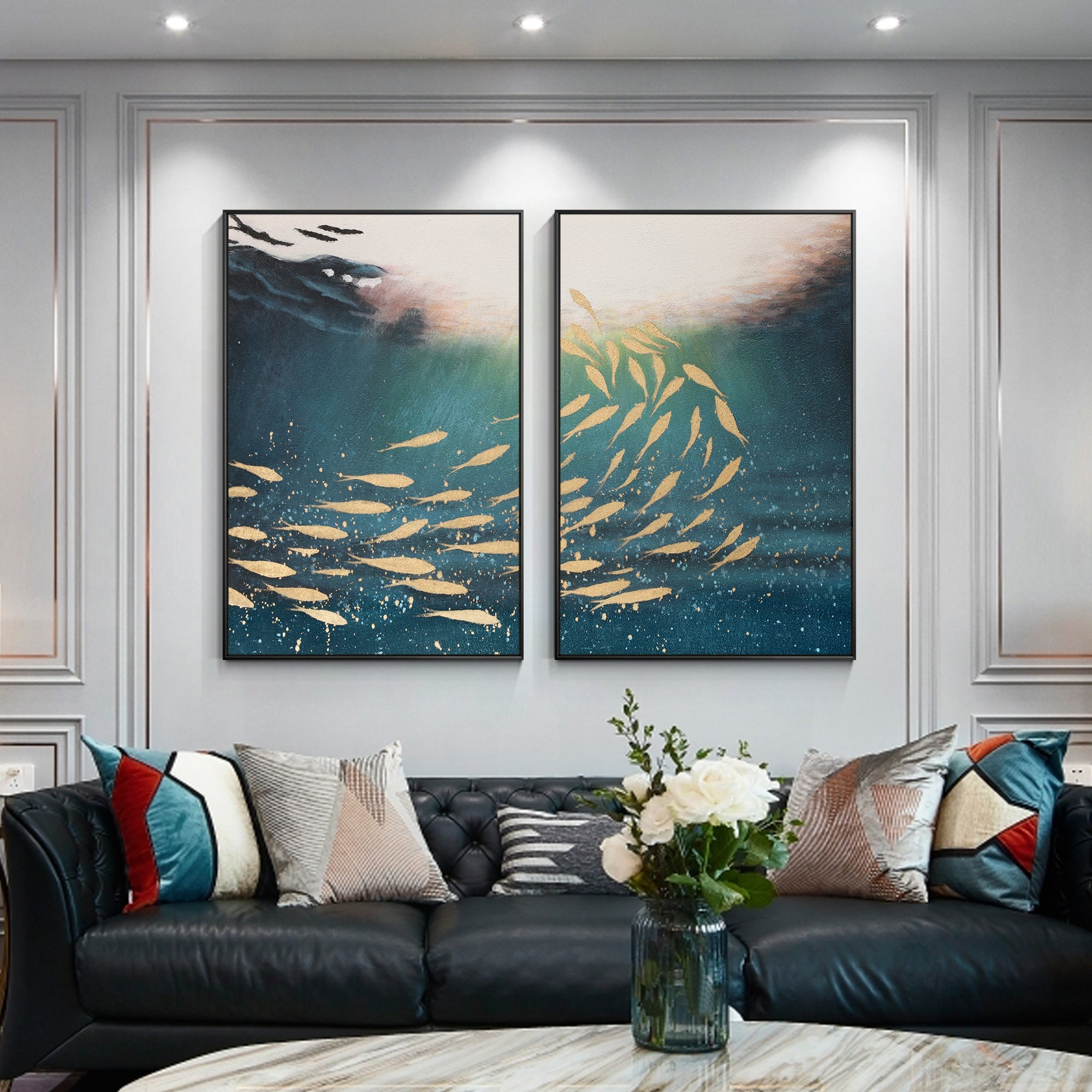 Hand-painted blue gold fish abstract painting set of 2 in a contemporary living room