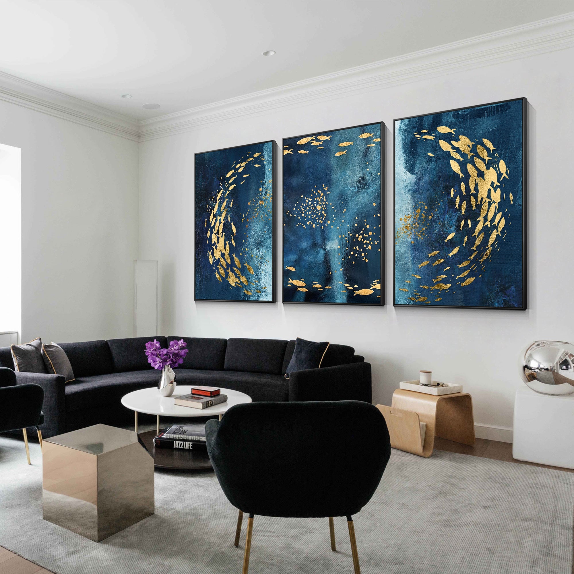 Hand Painted Blue Gold Fish Abstract Painting Set of 3