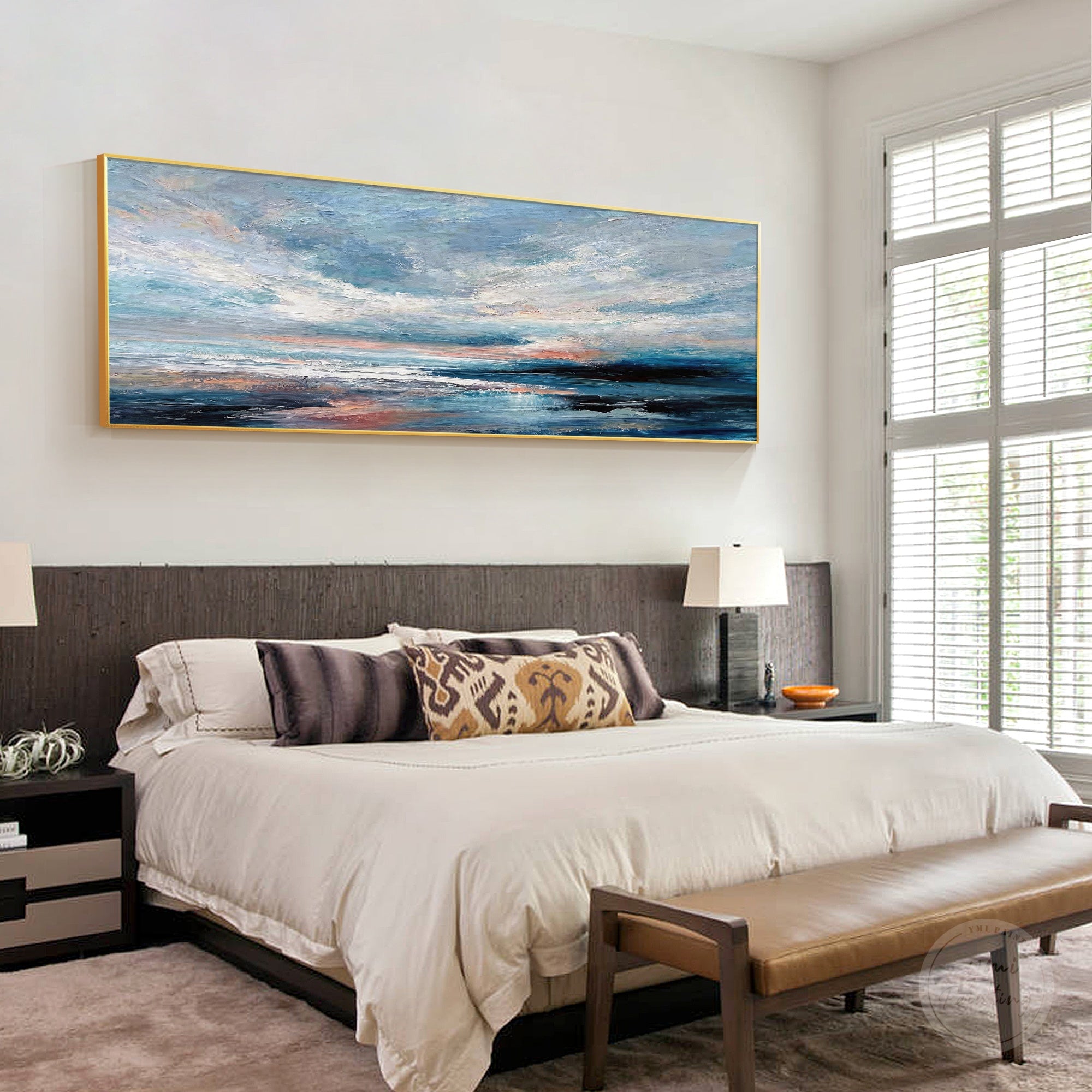 Large panoramic ocean wall art with textured blue waves and layered sky