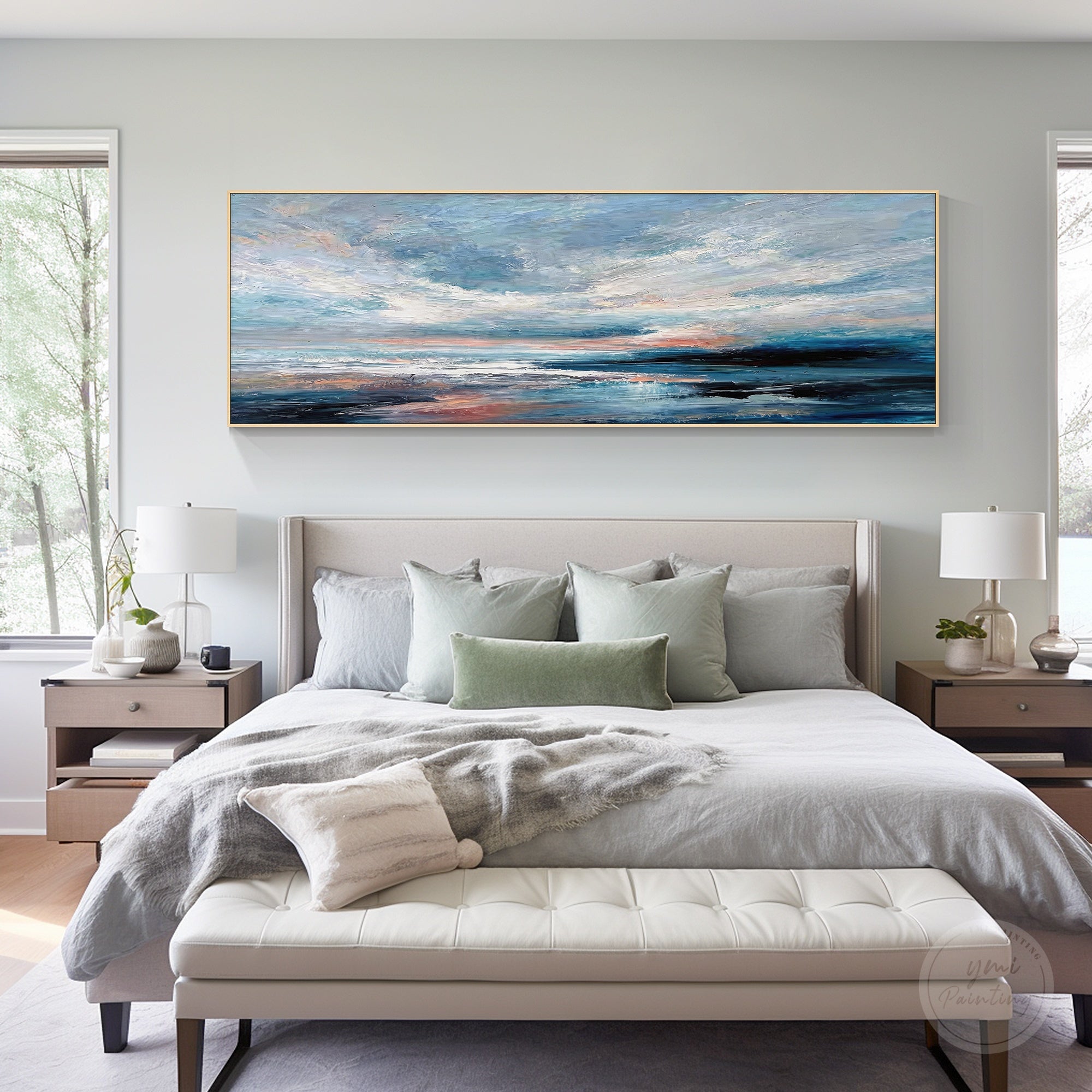 Contemporary coastal painting featuring blue water white clouds and a warm horizon