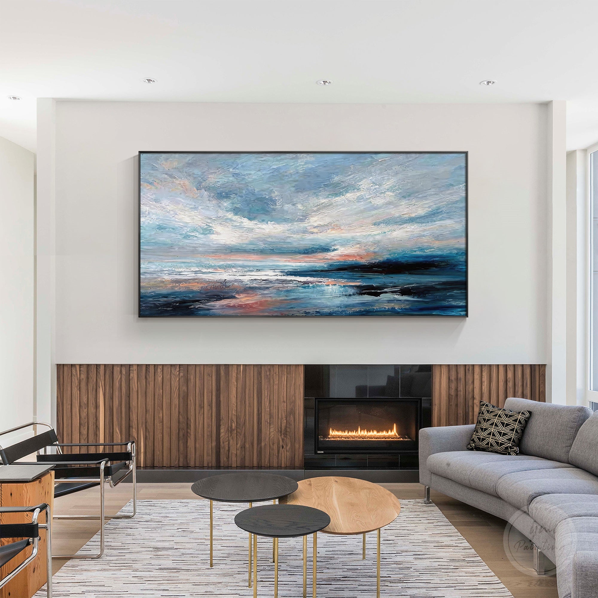 Panoramic blue coastal wall art with abstract waves and a soft horizon