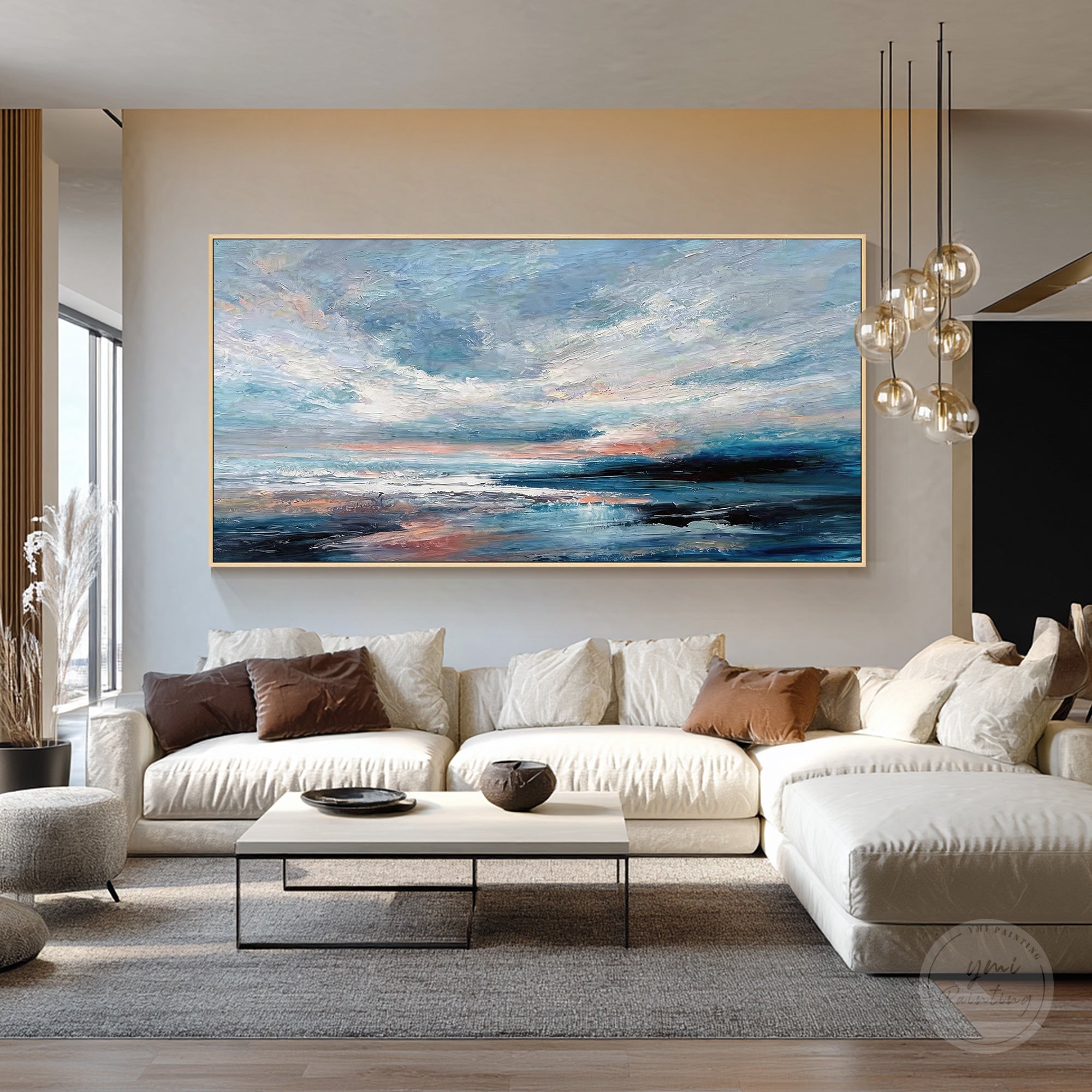 Blue ocean canvas art with expressive textured brushwork and layered waves