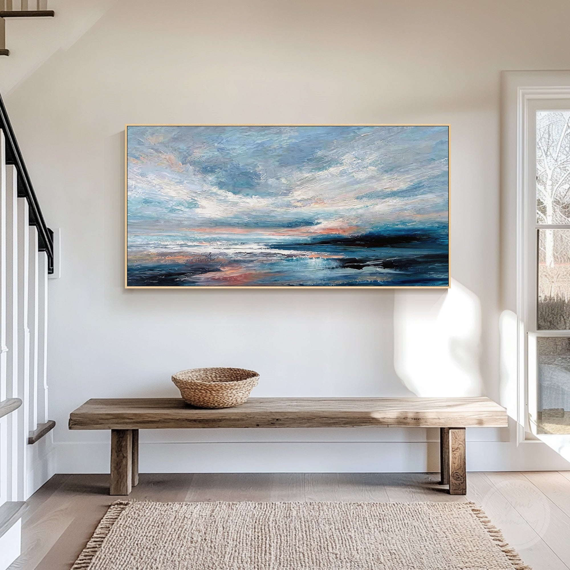 Abstract blue beach painting with deep navy water and soft neutral highlights
