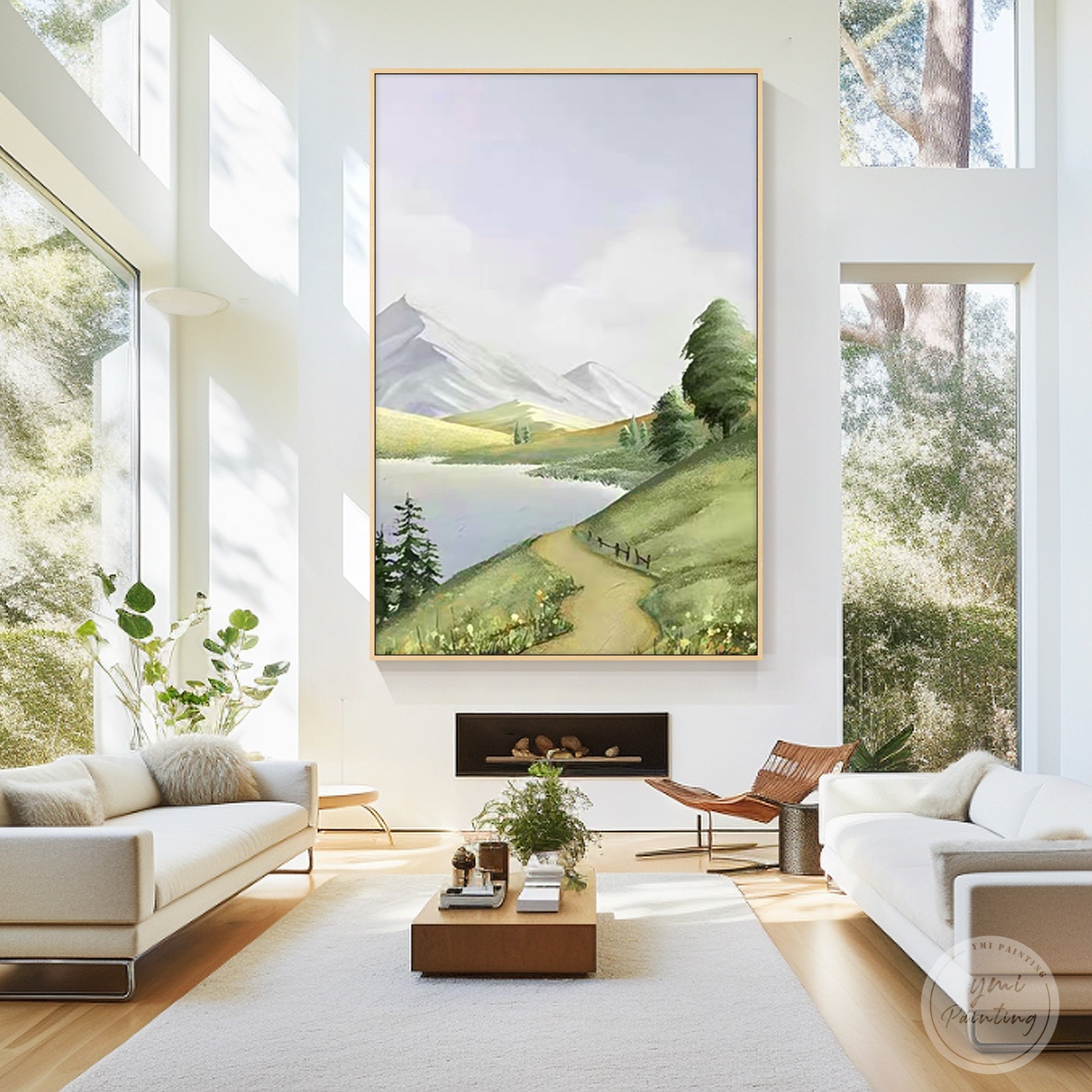 Green mountain and lake with soft clouds canvas wall art