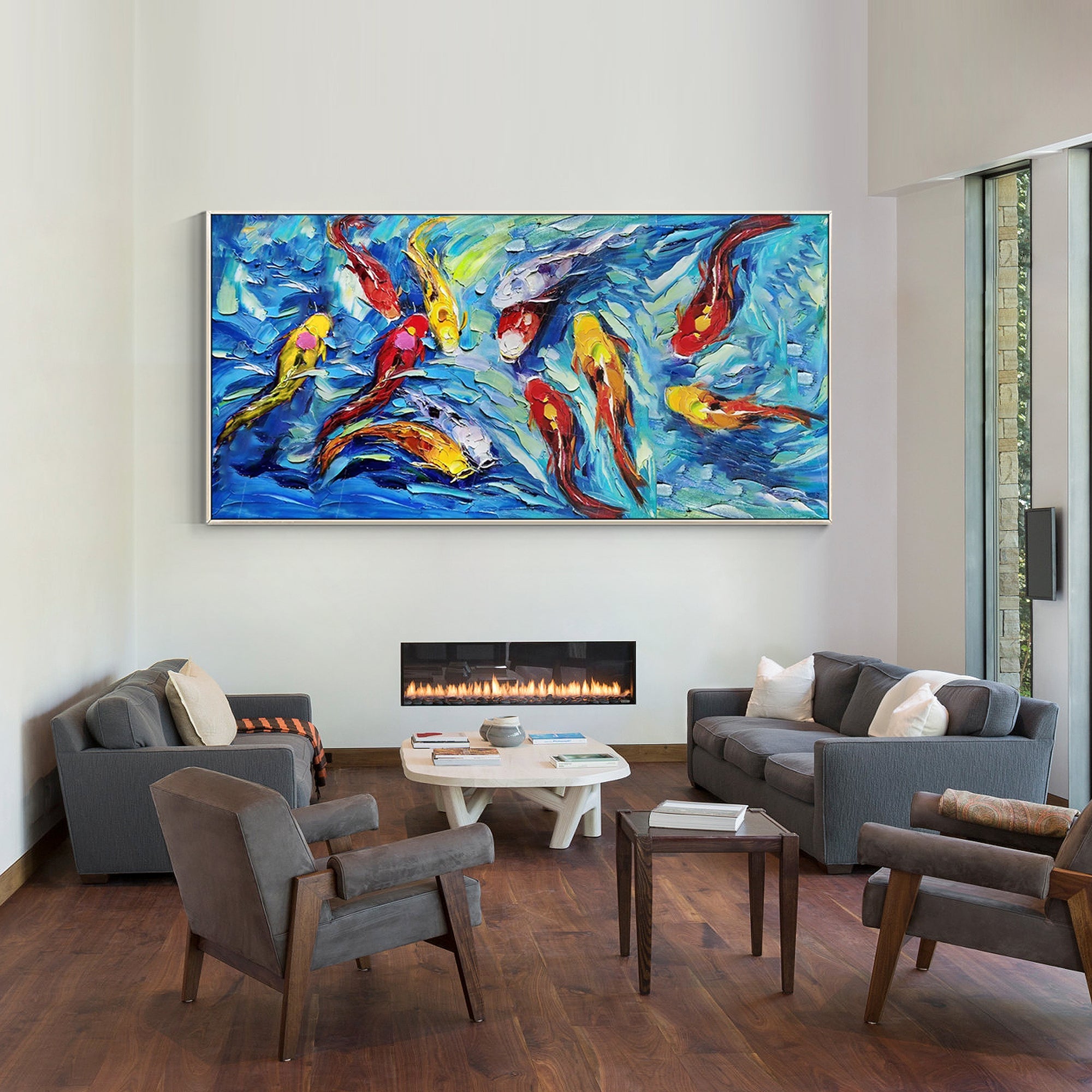 Hand-painted koi fish oil artwork with layered blue tones